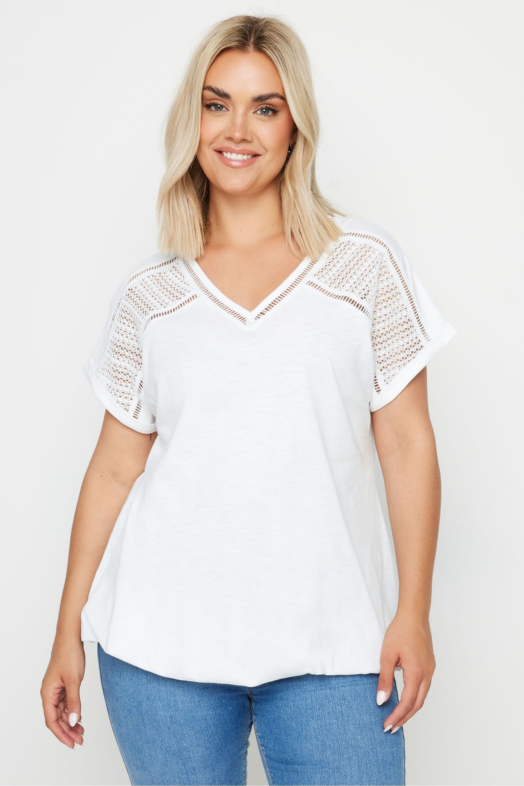 Yours Curve White Grown On Sleeve Bubble Hem Crochet 100 Cotton Top