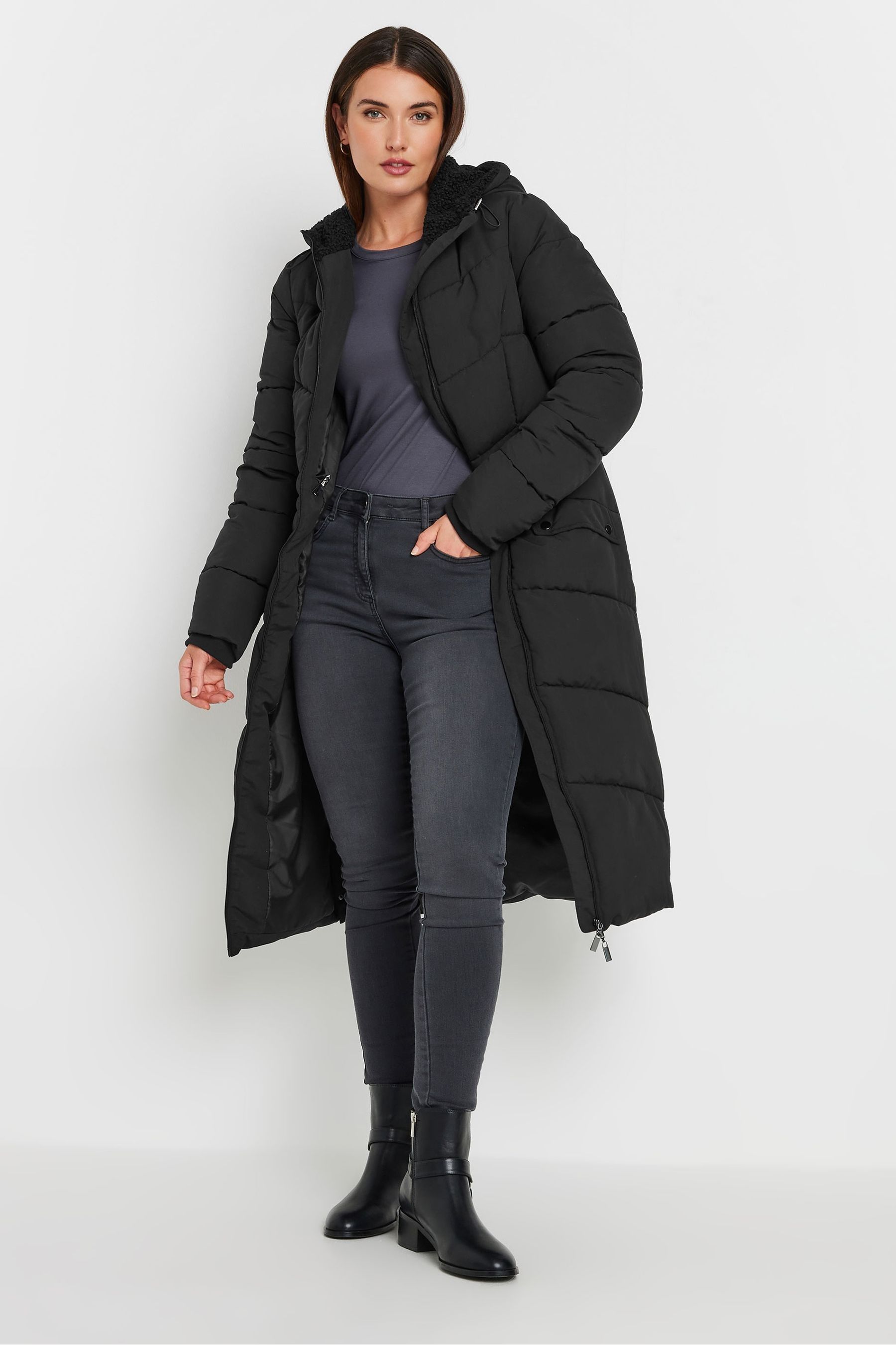 Long Tall Sally Black Borg Hooded Midi Padded Coat
