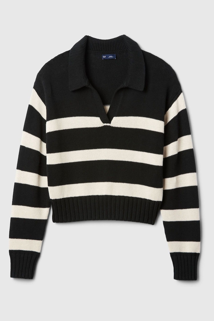 Gap Black Stripe Soft Cotton Shrunken V-Neck Polo Jumper - Image 5 of 5