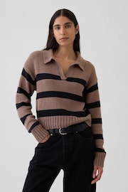 Gap Brown Stripe Soft Cotton Shrunken V-Neck Polo Jumper - Image 1 of 5