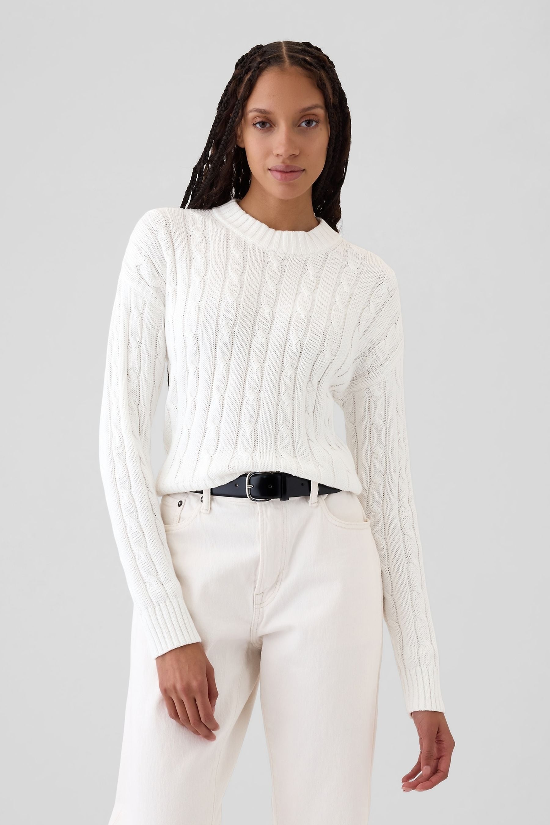 Buy Gap White 100 Cotton Cable Knit Crew Neck Cropped Jumper from Next Luxembourg