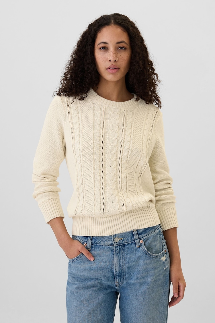 Gap Beige Cable Knit Crew Neck Jumper - Image 1 of 5