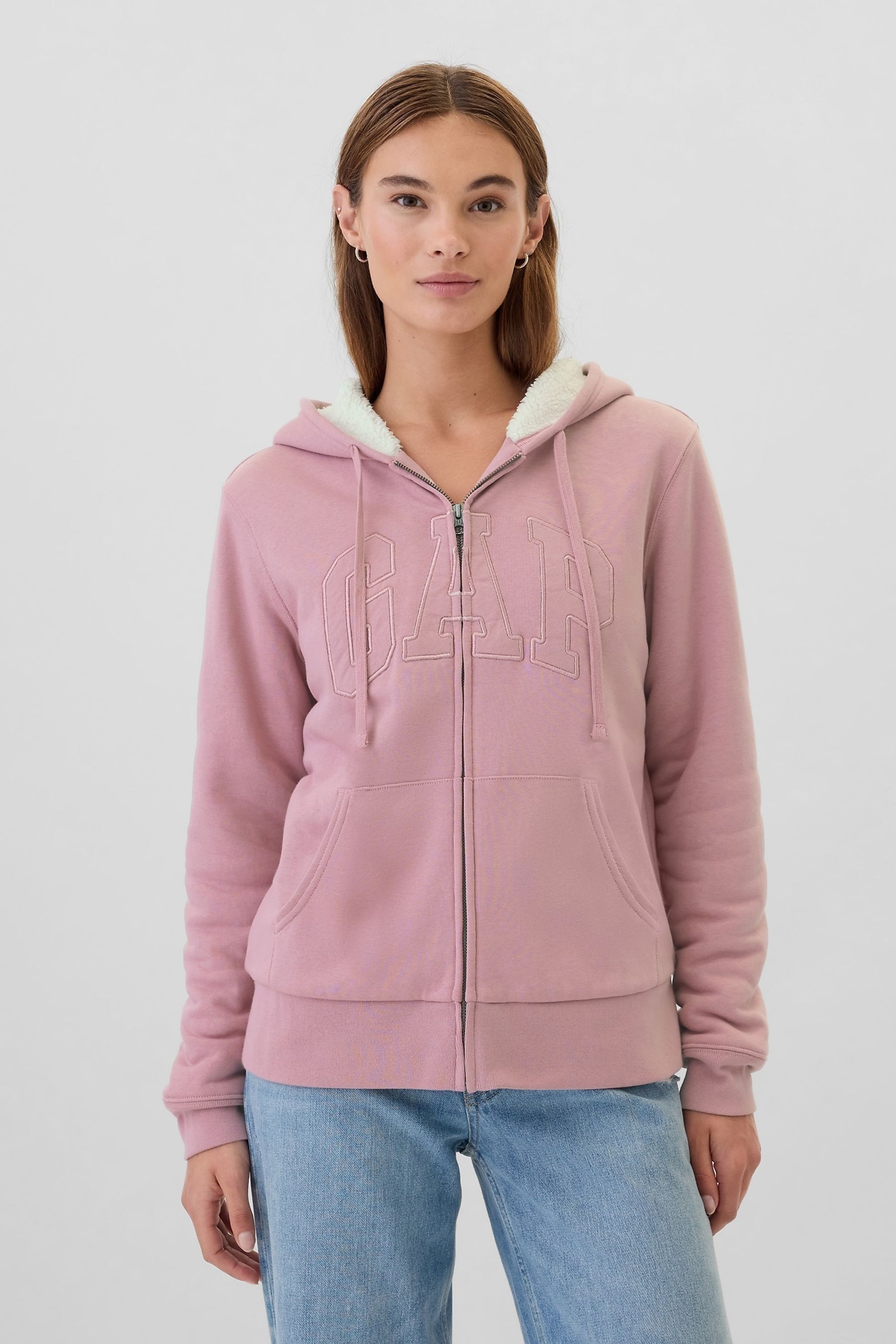 Buy Gap Pink Relaxed Logo Sherpa Lined Zip Hoodie from Next Luxembourg