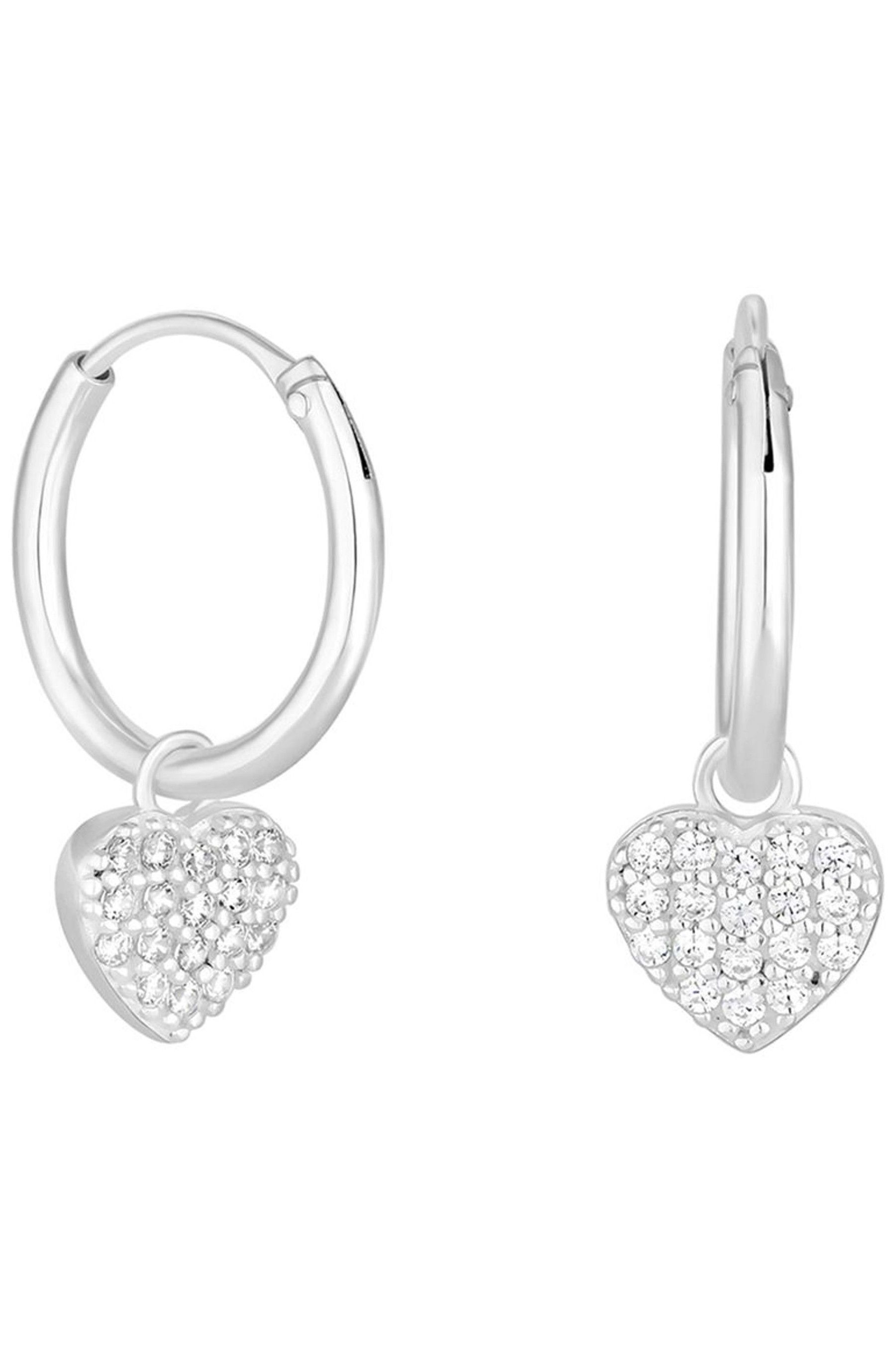 Simply Silver Sterling 925 Cubic Zirconia Pave Heart Charm Hoop Earrings