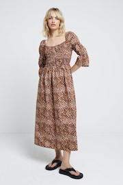 River Island Brown Shirred Midi Dress - Image 1 of 6