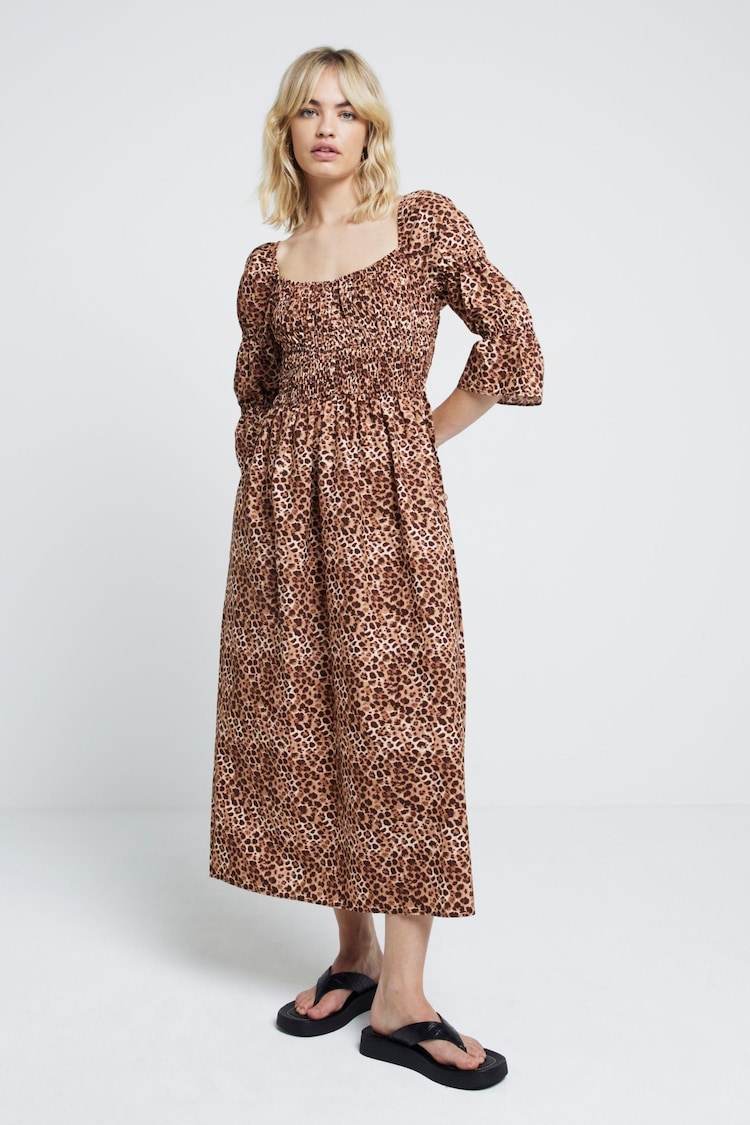 River Island Brown Shirred Midi Dress - Image 1 of 6