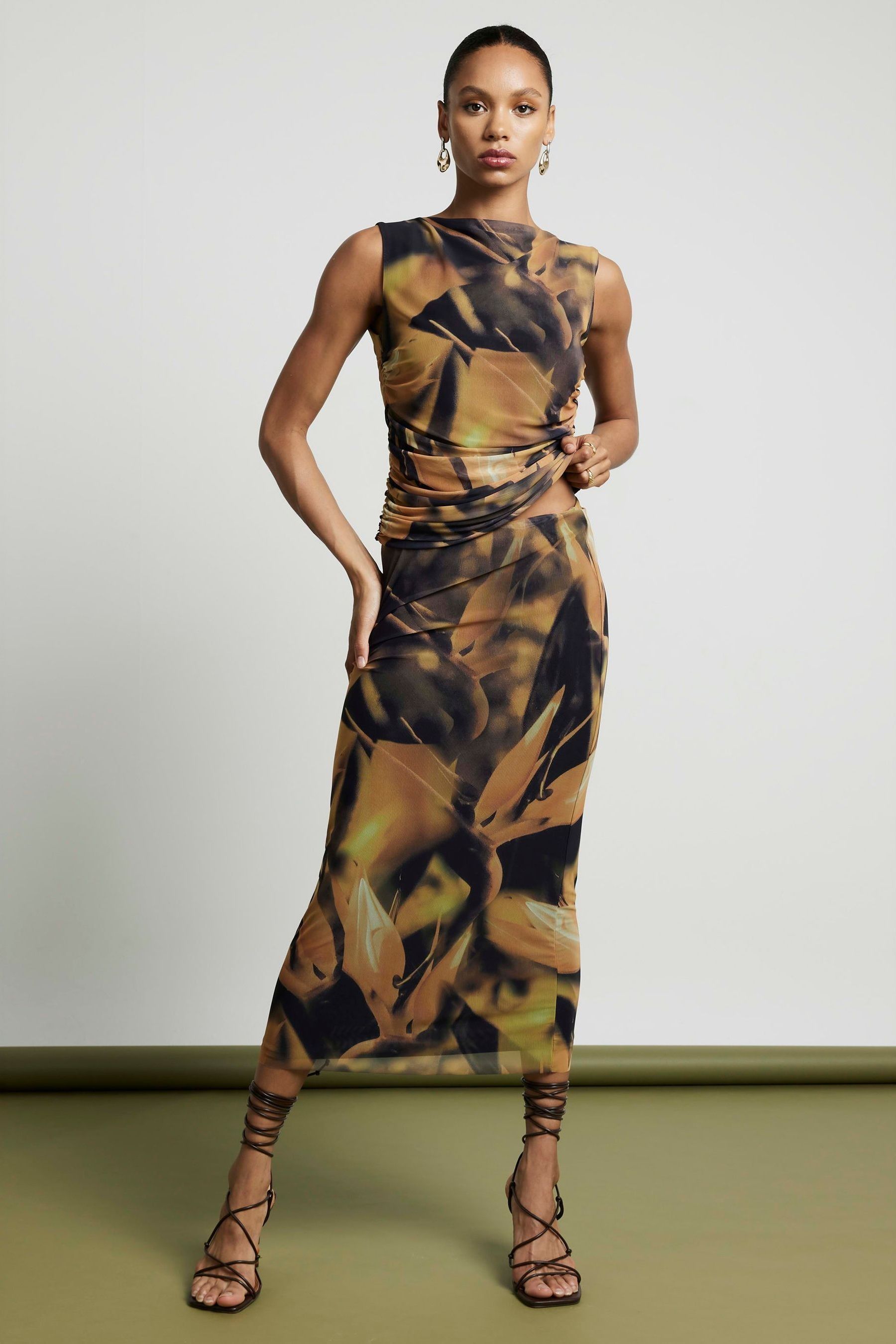 Buy River Island Yellow Mesh Floral Column Midi Skirt from Next Singapore