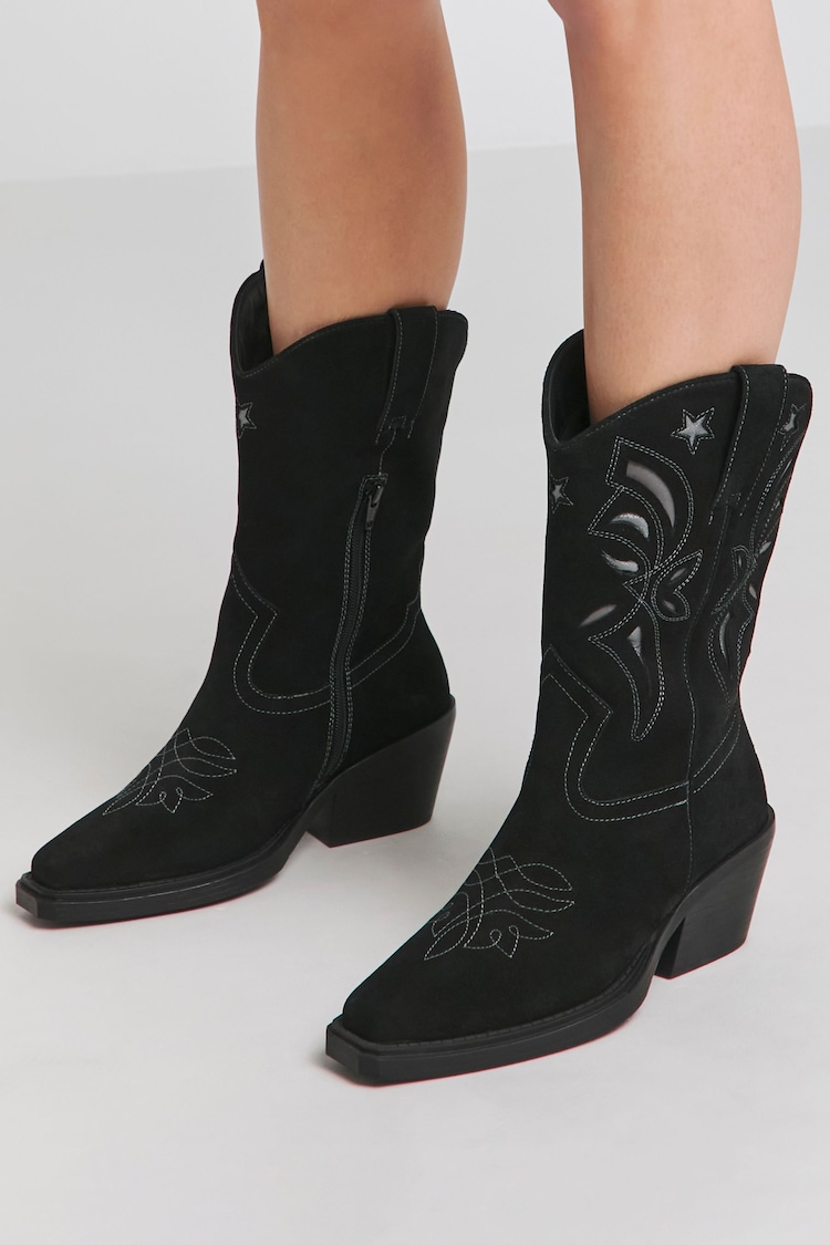 Simply Be Black Wide Fit Cut out Detail Calf Height Western Boots - Image 1 of 4