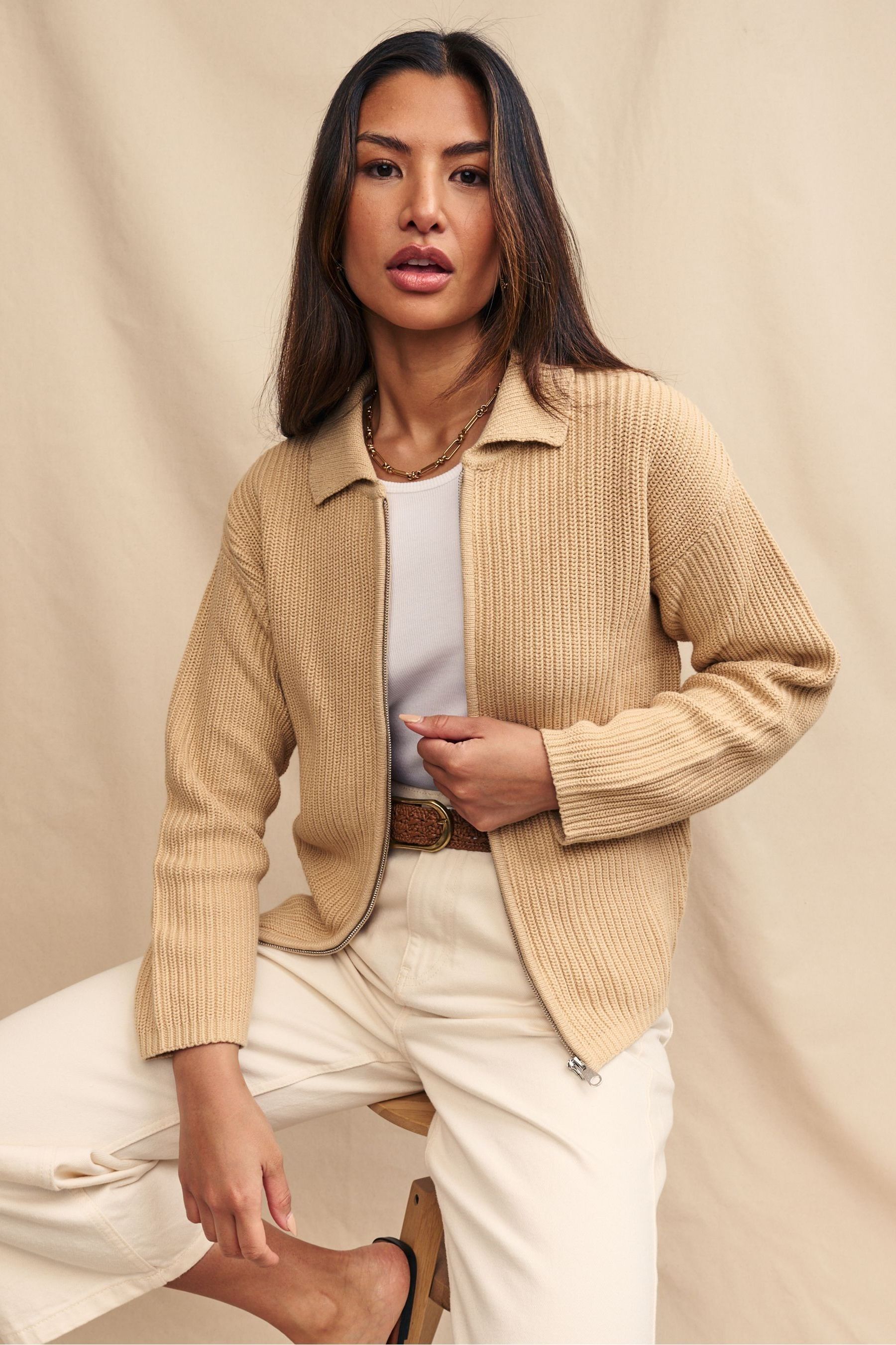 Buy Nobody s Child Cream Collared Zip Up Cardigan from Next Luxembourg
