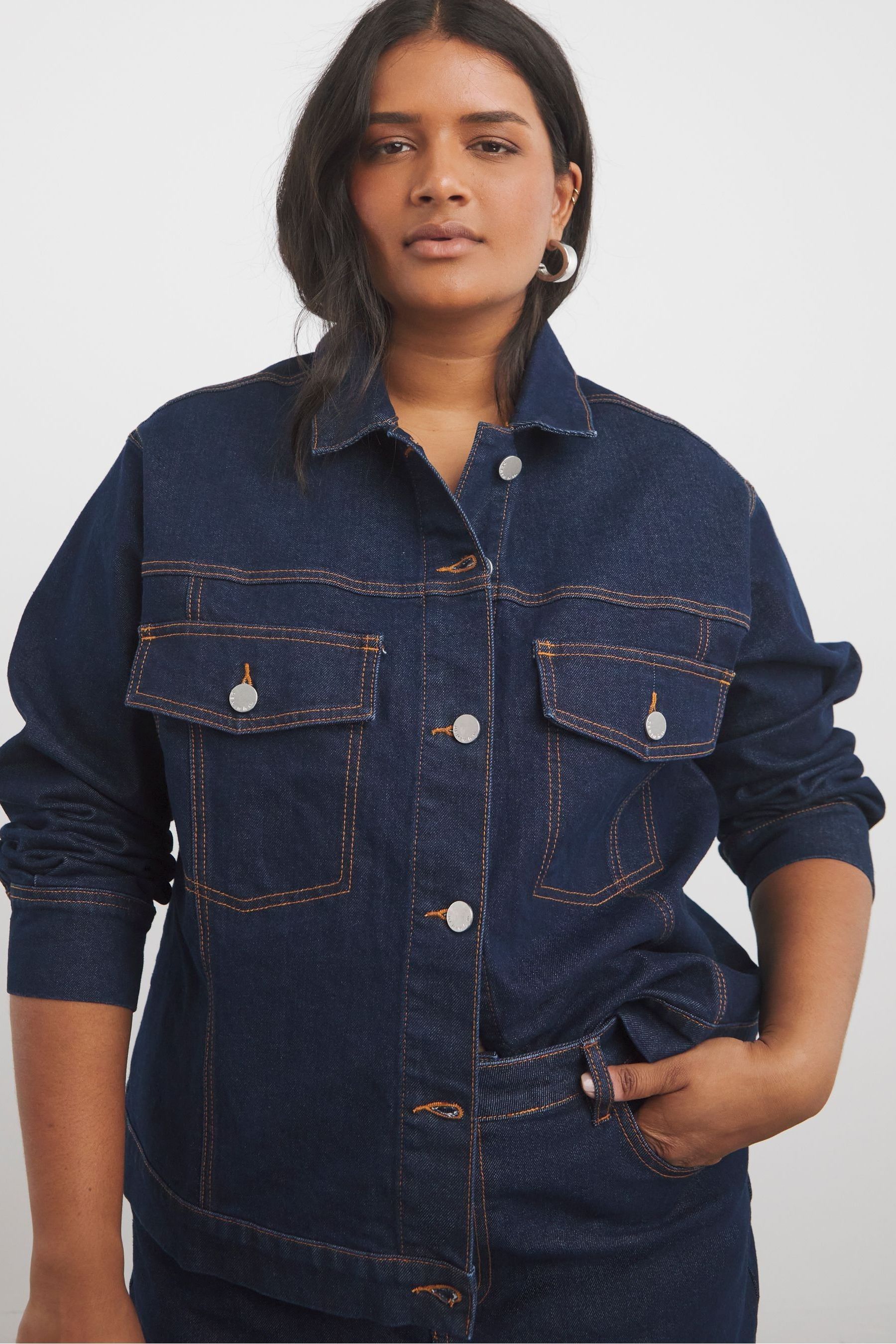 Simply Be Blue Indigo Contrast Stitch Boxy Denim Jacket 12 Womens