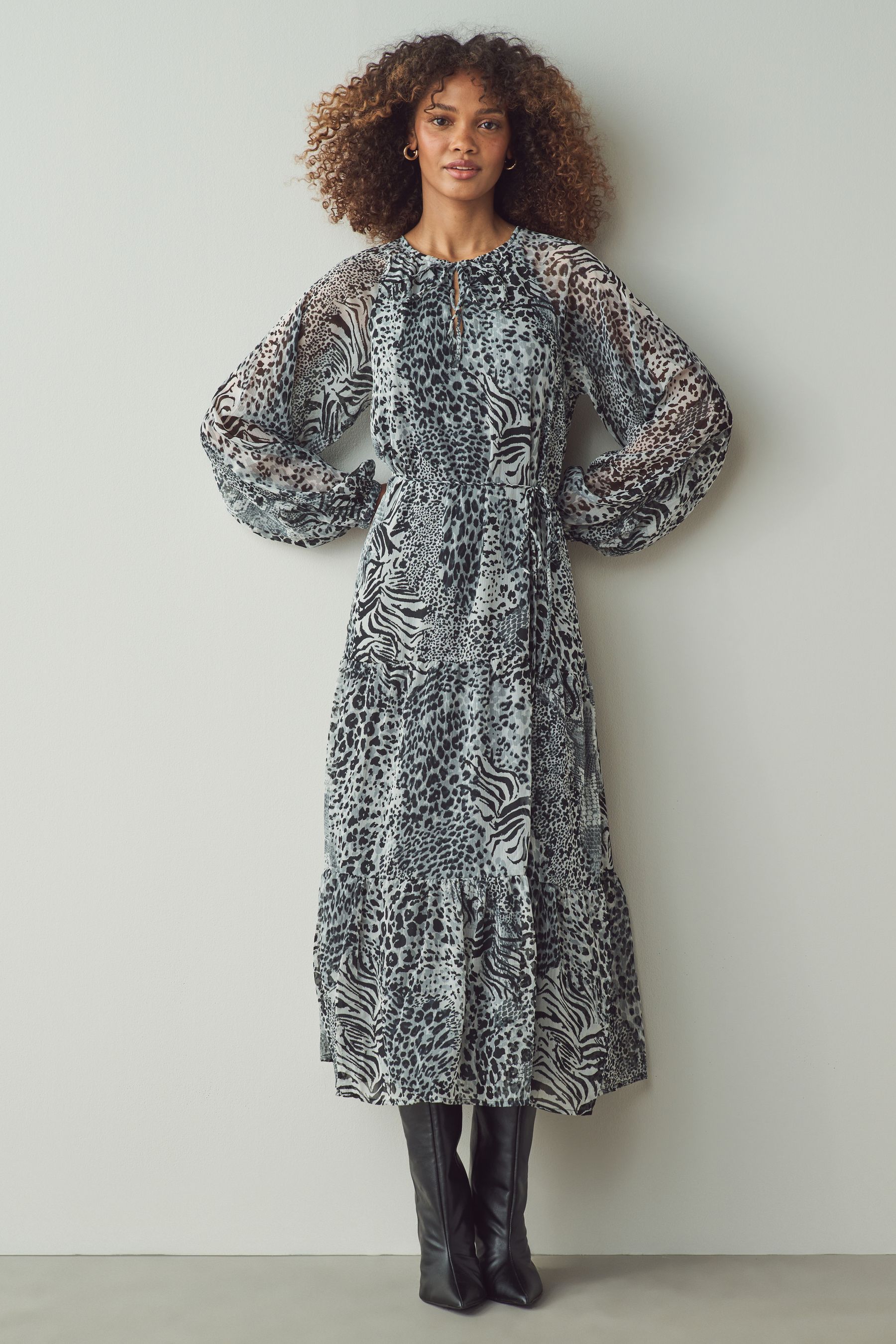 ONLY Grey Animal Leopard Snake Print Midi Dress