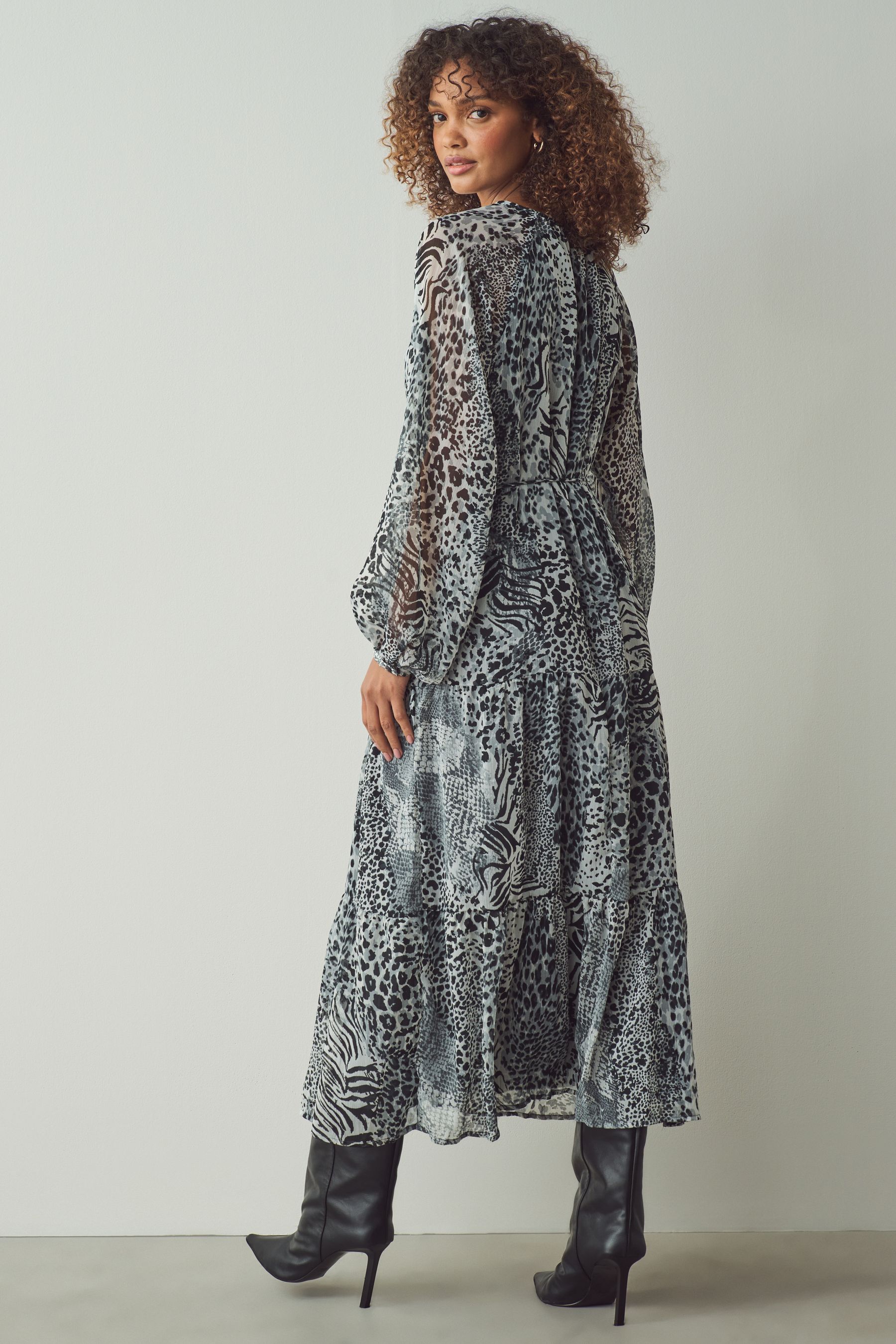 ONLY Grey Animal Leopard Snake Print Midi Dress