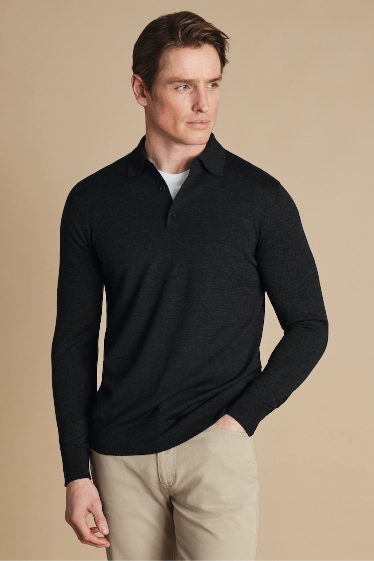 Charles Tyrwhitt Black Merino Button Neck Jumper - Image 2 of 6