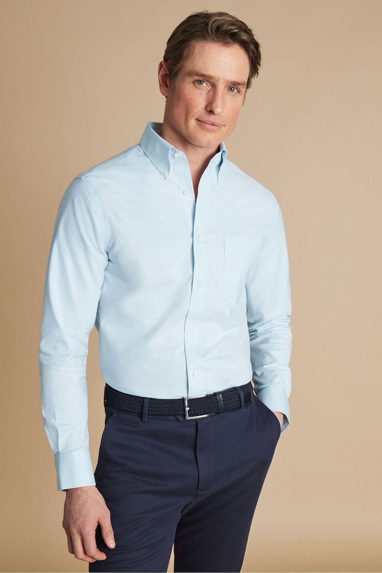 Charles Tyrwhitt Blue Slim Fit Plain Button Down Non Iron Stretch Oxford Shirt - Image 1 of 7