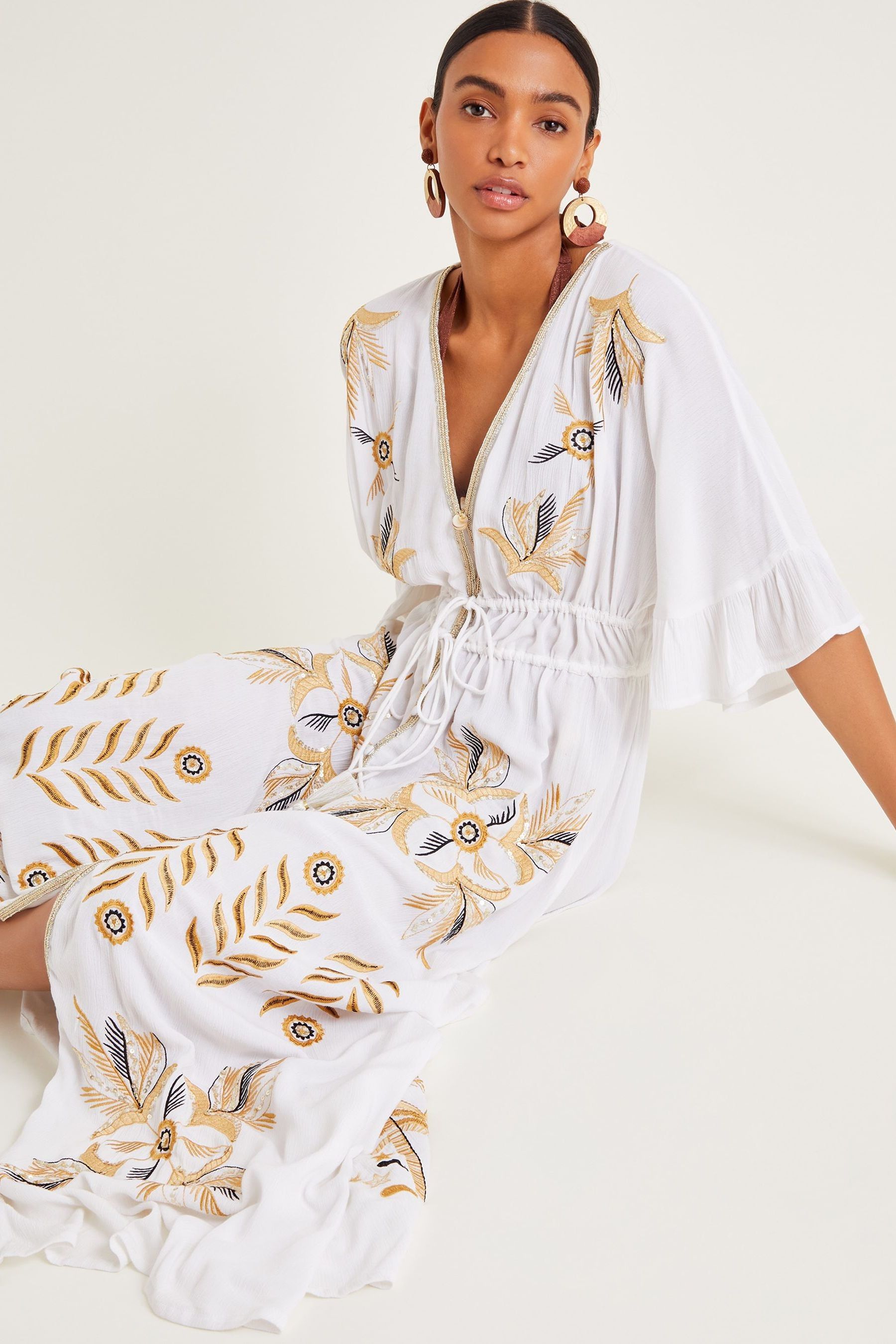 Buy Monsoon White Jasmine Embroidered Kaftan Maxi Dress from Next Oman