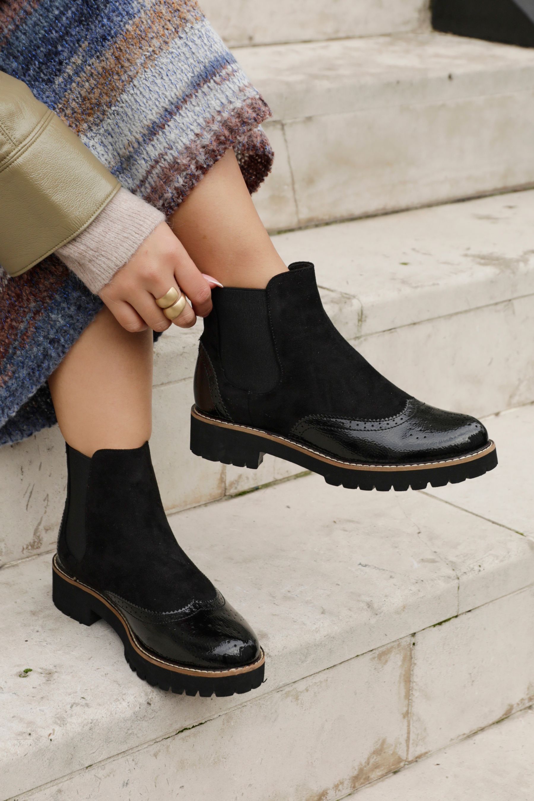 Buy Linzi Black Cleo Patent Suede Brogue Style Chelsea Boots from Next Malta