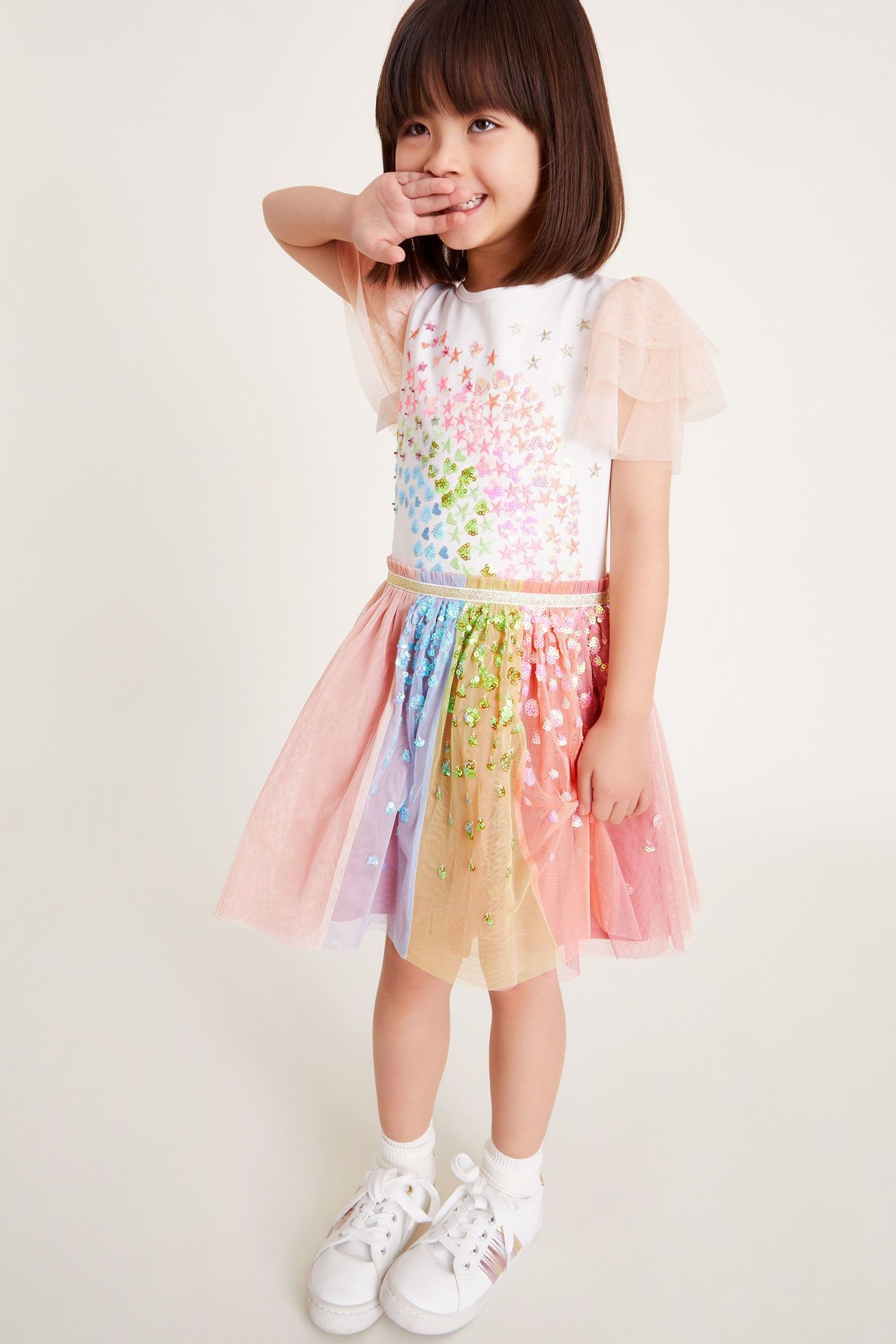 Monsoon Pink Sequin Rainbow Tulle Disco Dress