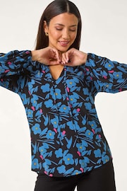 Roman Black Print Tie Neck Stretch Top - Image 4 of 5