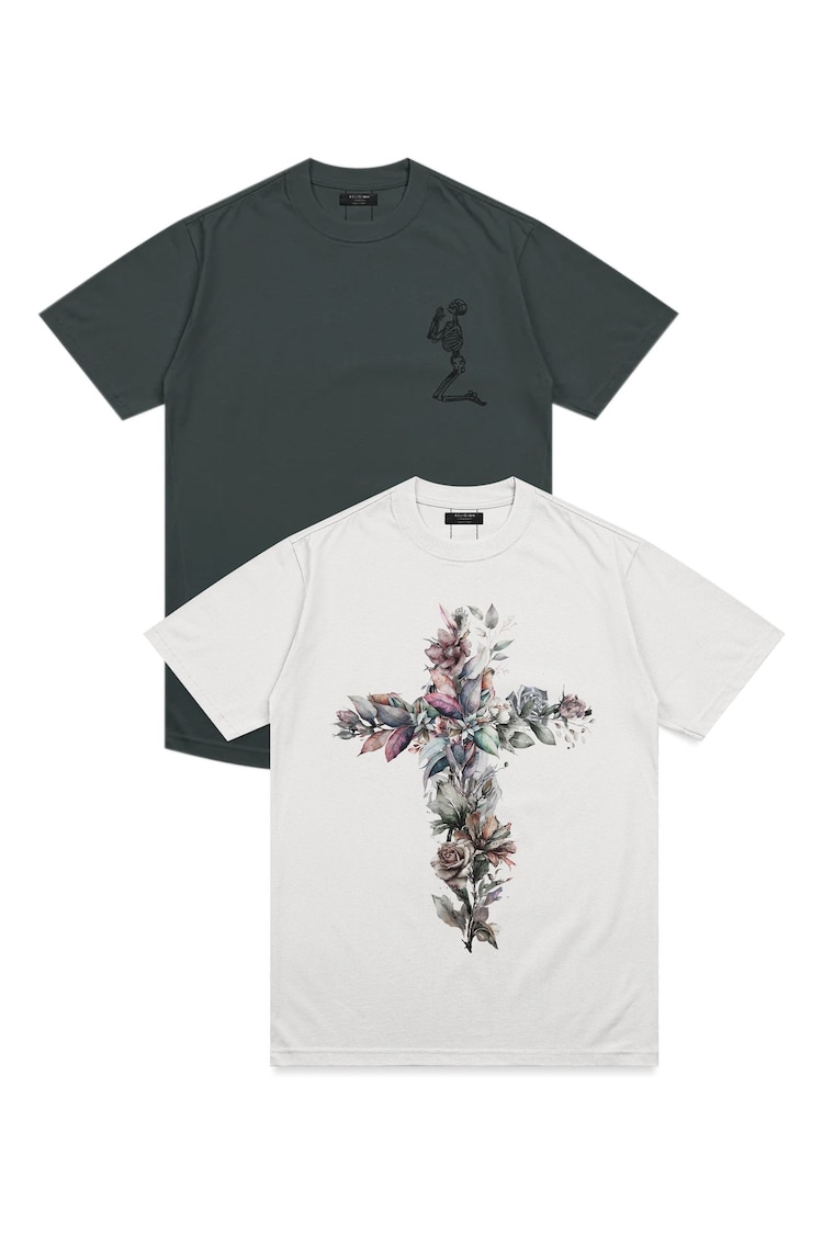 Religion White Cross Botanical Graphic and Classic Core 100% Cotton T-Shirts 2 Pack - Image 1 of 1