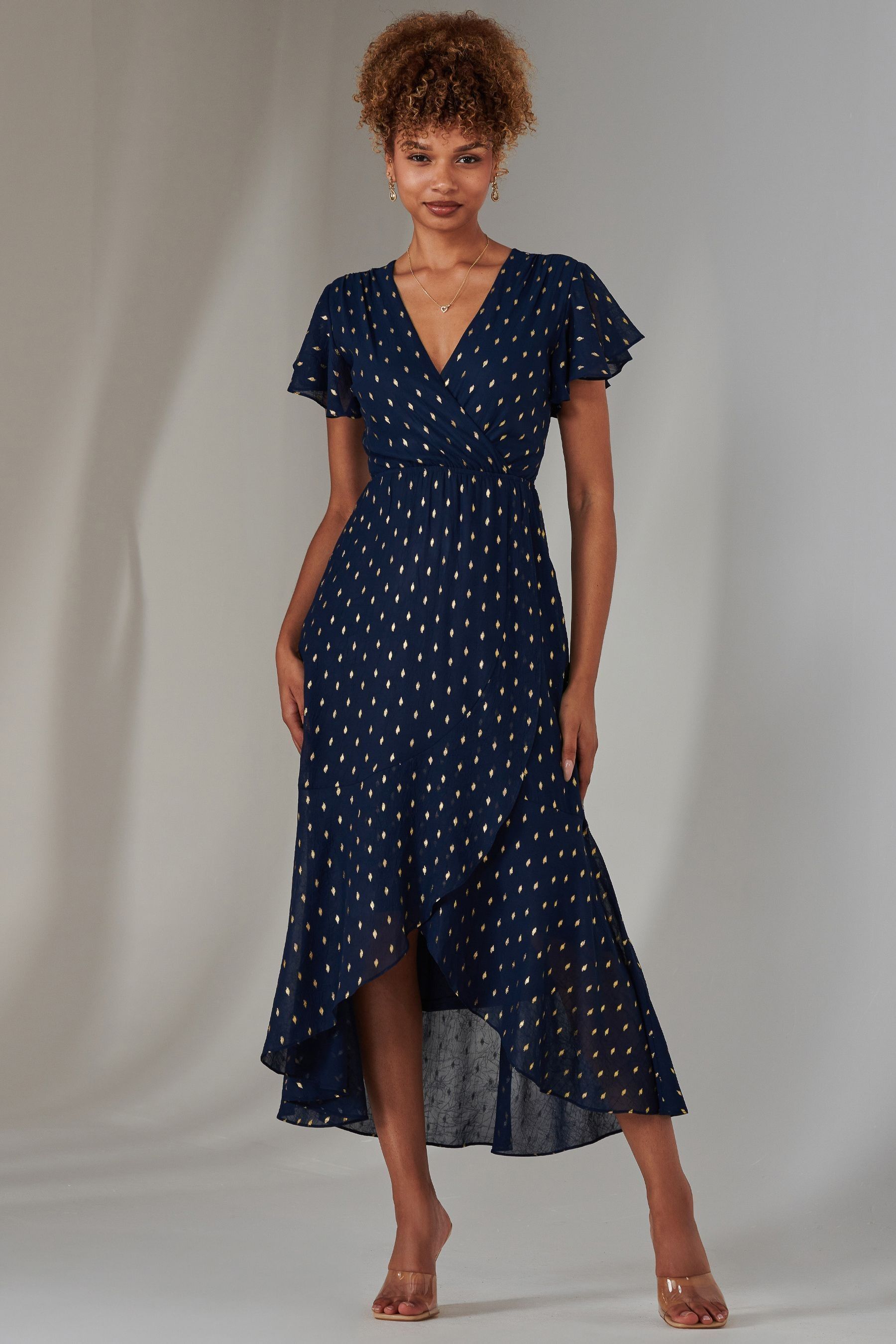 Jolie Moi Metallic Spot Textured Chiffon Maxi Dress