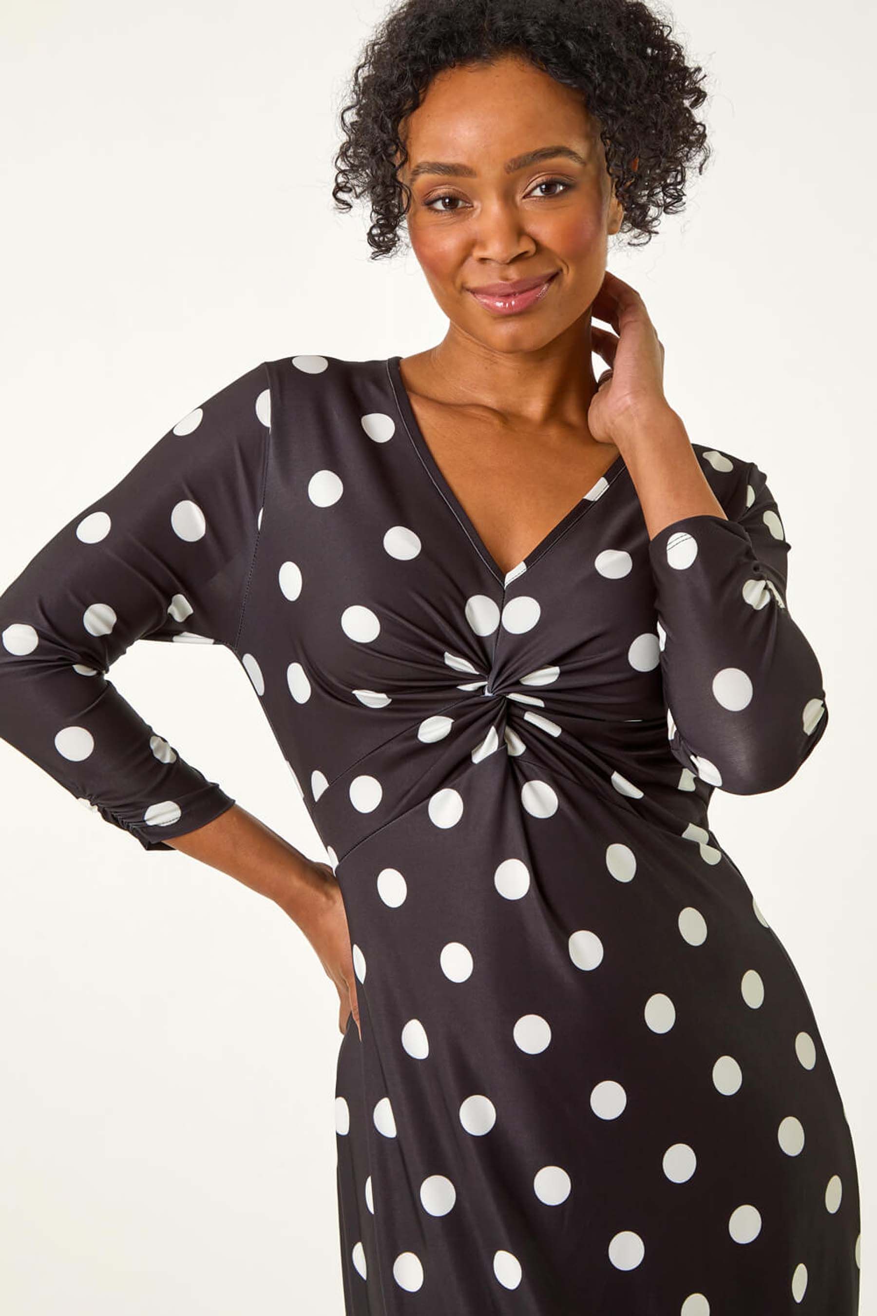Buy Roman Black Petite Spot Twist Front Midi Dress from the Next UK online shop