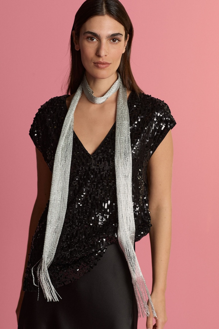 Black Sequin V-Neck Sleeveless Top - Image 1 of 5