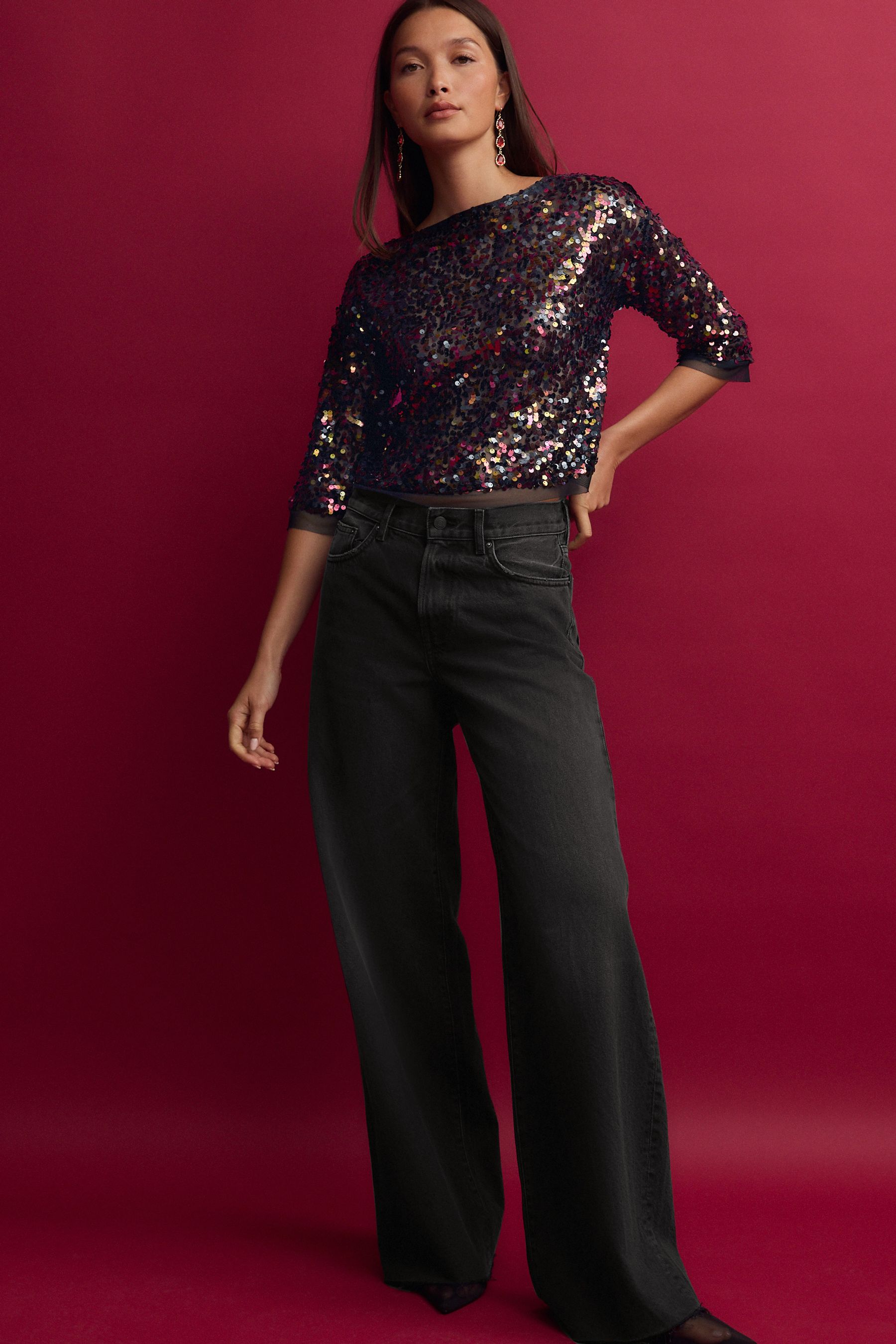 Buy Black Pink Sequin Quarter Sleeve Mesh Top from the Next UK online shop