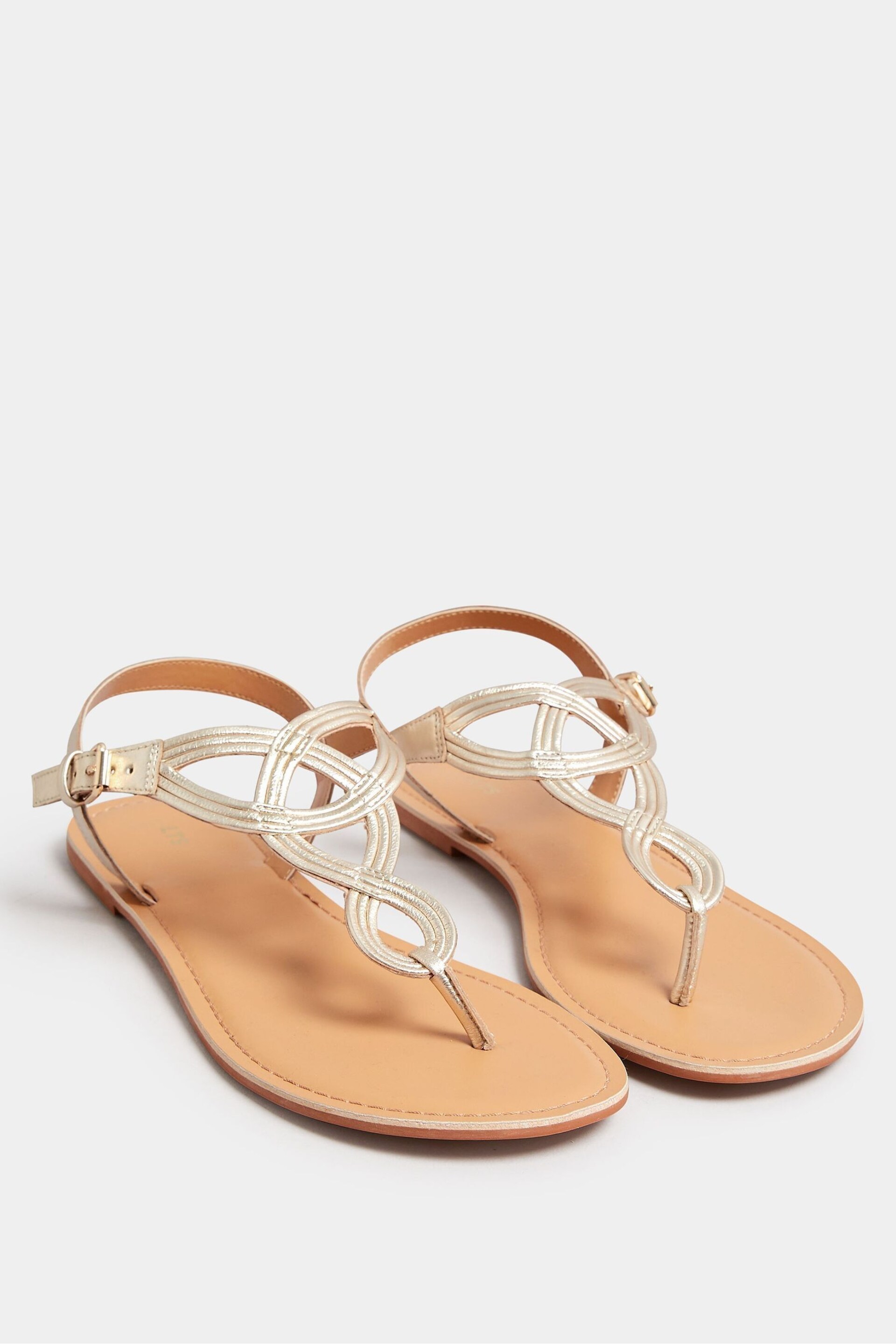 Long Tall Sally Gold LTS Gold Leather Swirl Toe Post Flat Sandals In Standard Fit - Image 1 of 3