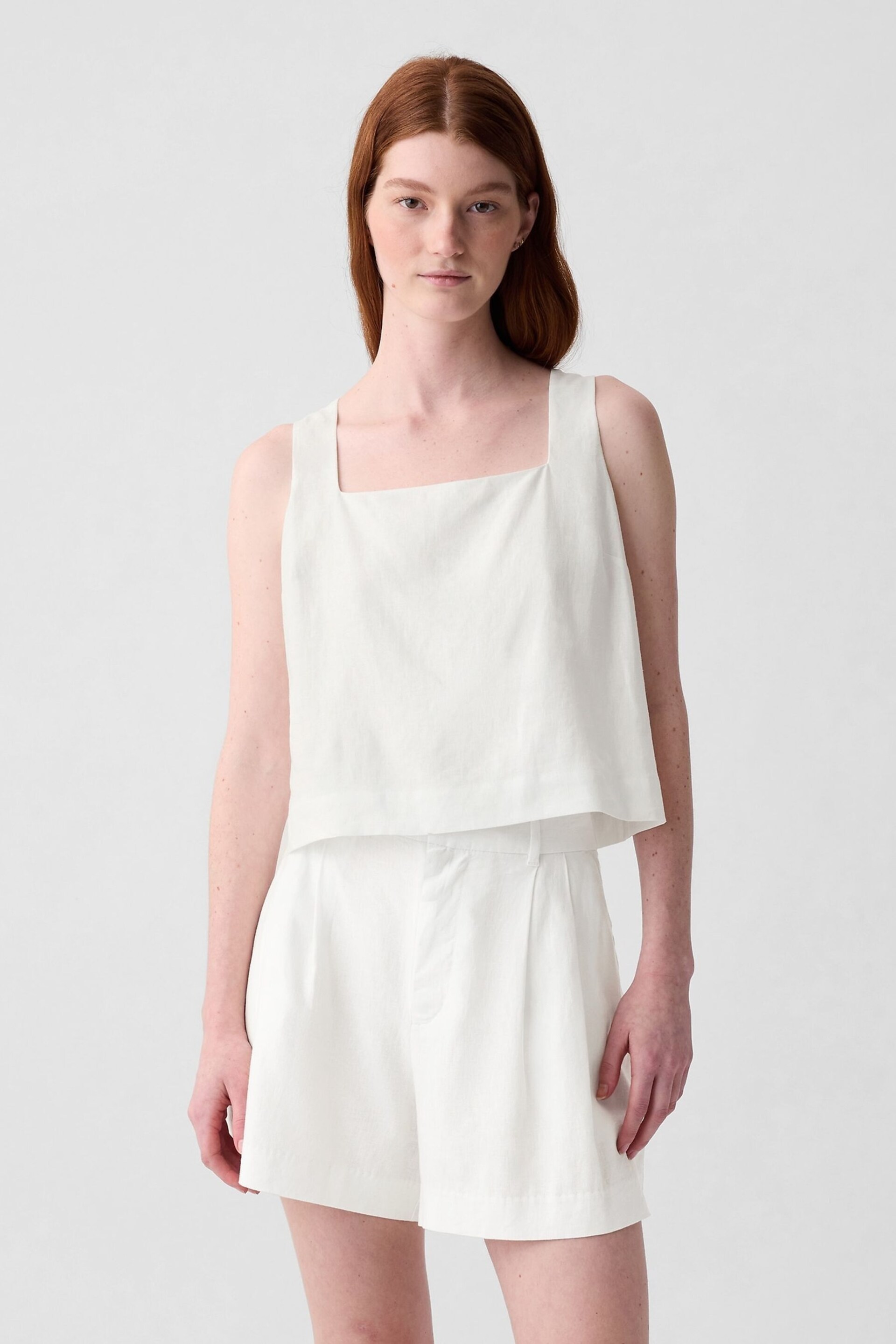 Gap White Linen Blend Button Back Cropped Vest Top - Image 1 of 4