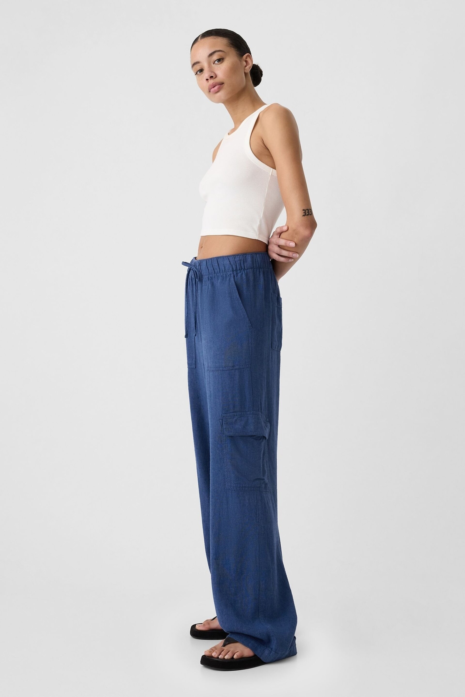 Gap Blue Linen Blend Wide Leg Cargo Pull On Trousers - Image 3 of 4