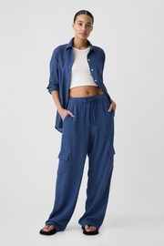 Gap Blue Linen Blend Wide Leg Cargo Pull On Trousers - Image 4 of 4
