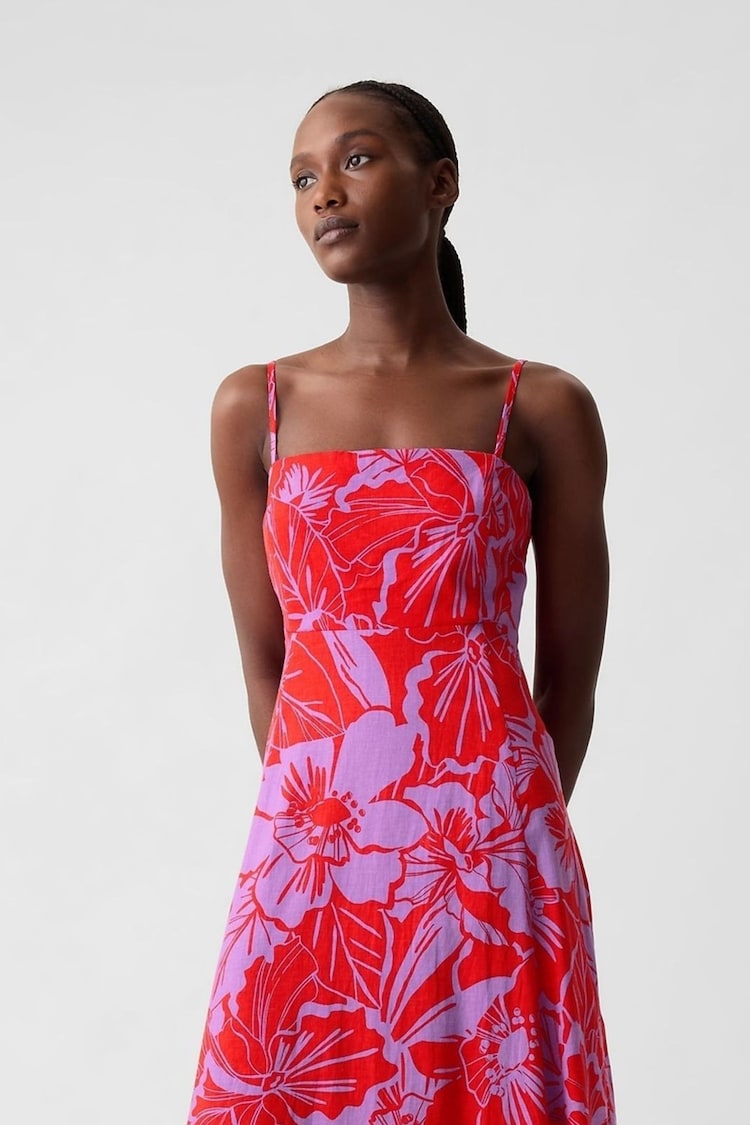 Gap Red Floral Linen Blend Removable Straps Midi Dress - Image 1 of 6