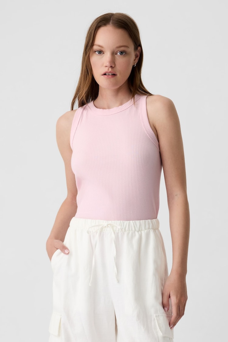 Gap Pink Ribbed Racer High Neck Vest Top - Image 1 of 5