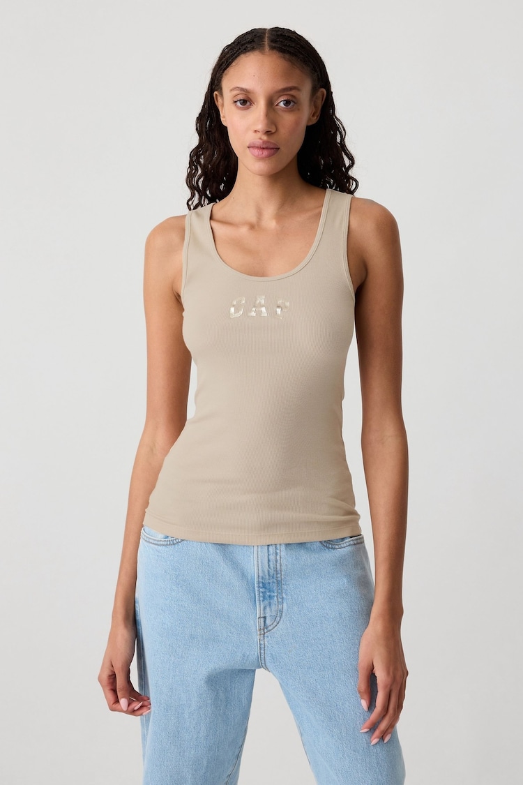 Gap Beige Ribbed Logo Vest Top - Image 1 of 5