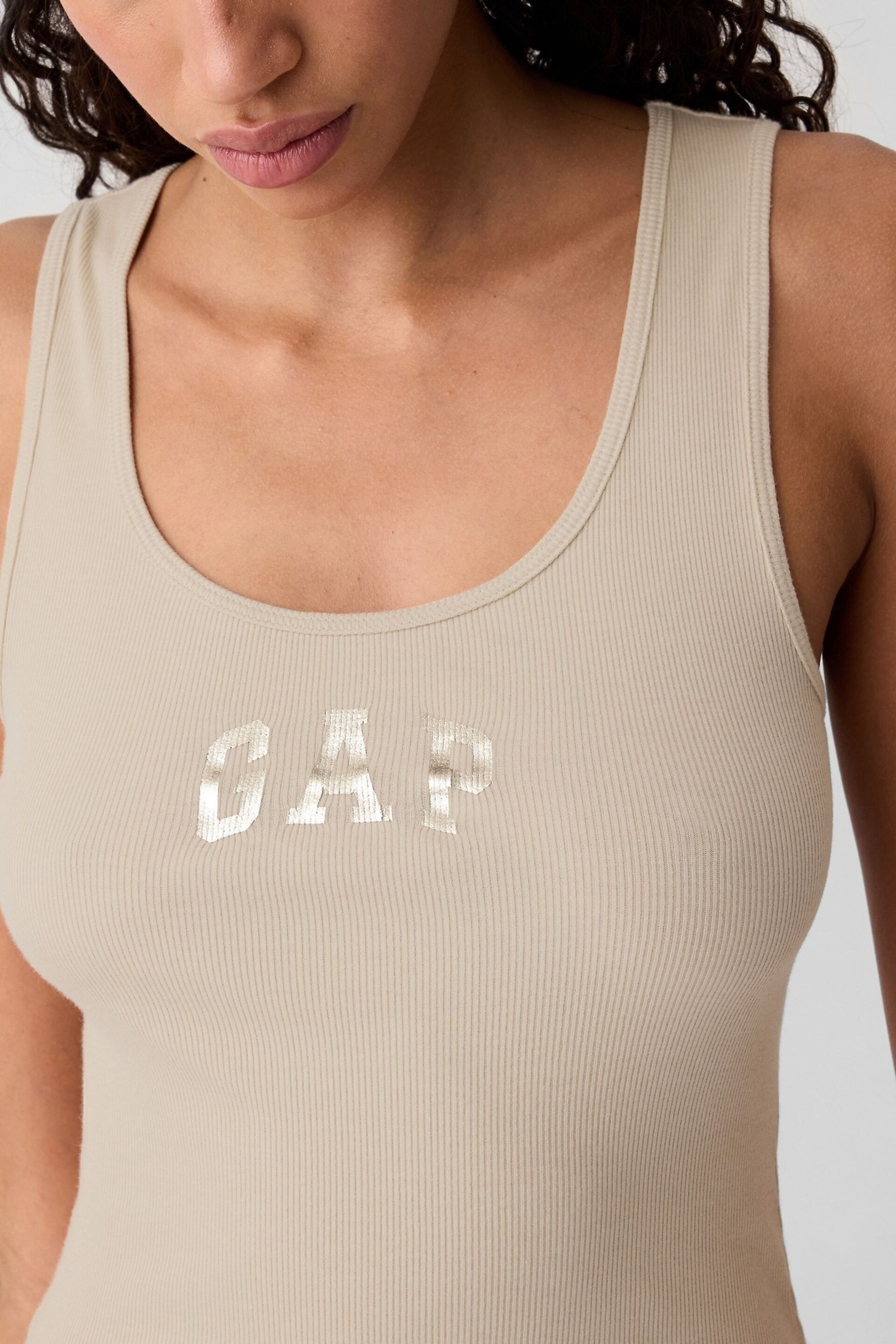 Gap Beige Ribbed Logo Vest Top - Image 4 of 5