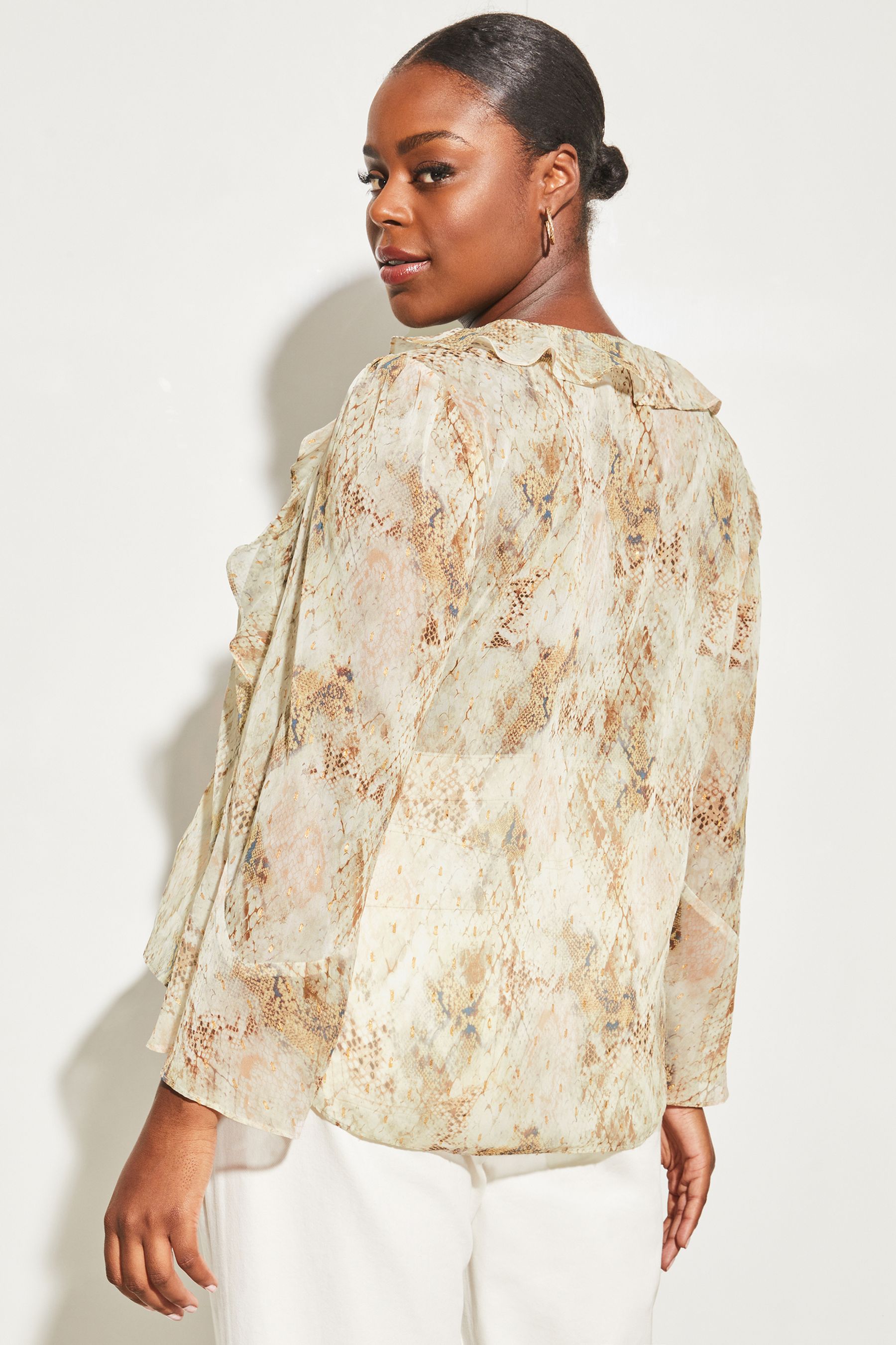 Buy Lipsy Snake Print Curve Sheer Long Sleeve V Neck Ruffle Blouse from Next Luxembourg