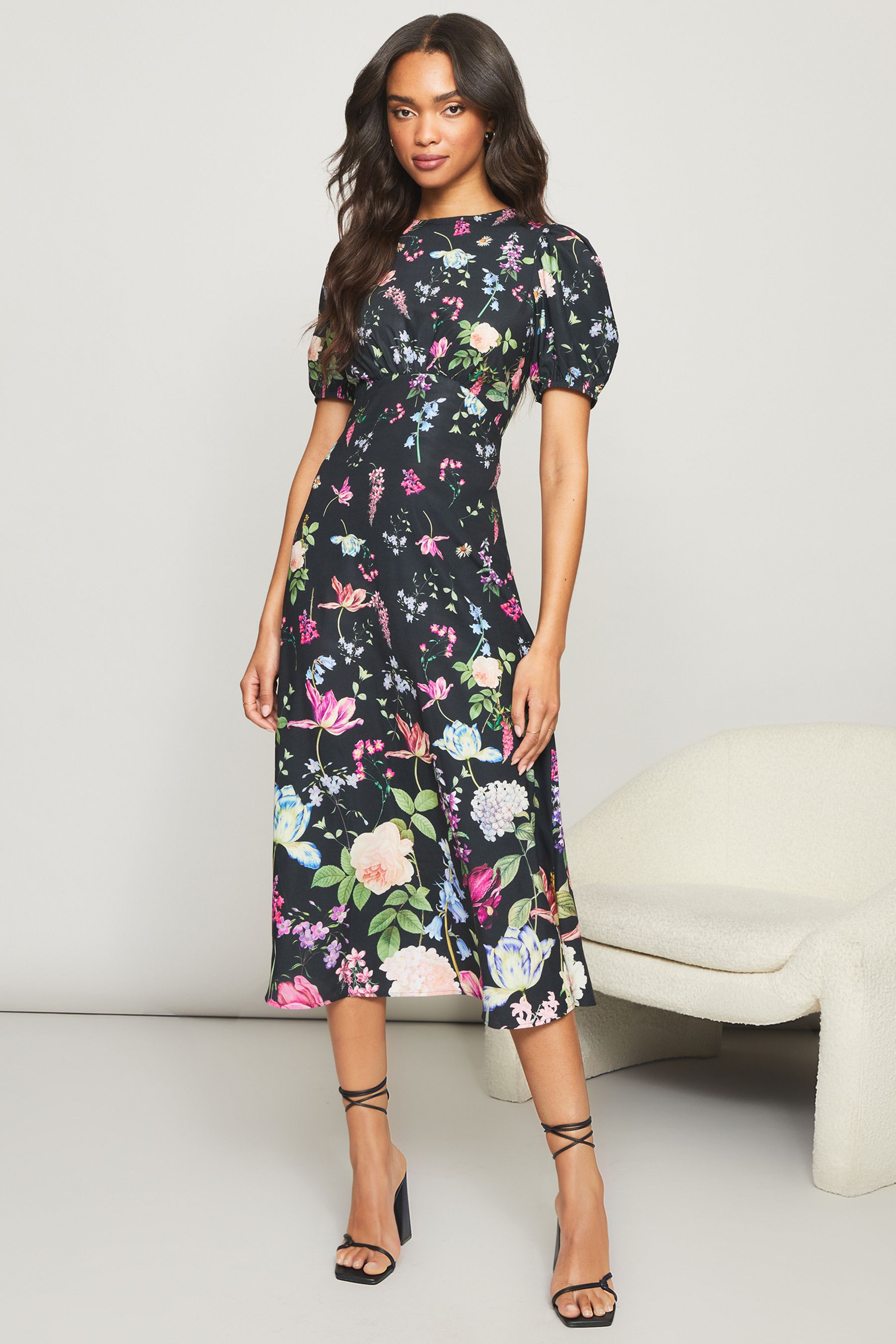 Buy Lipsy Black Base Floral Print Woven Underbust Puff Sleeve Summer Midi Dress from Next Luxembourg