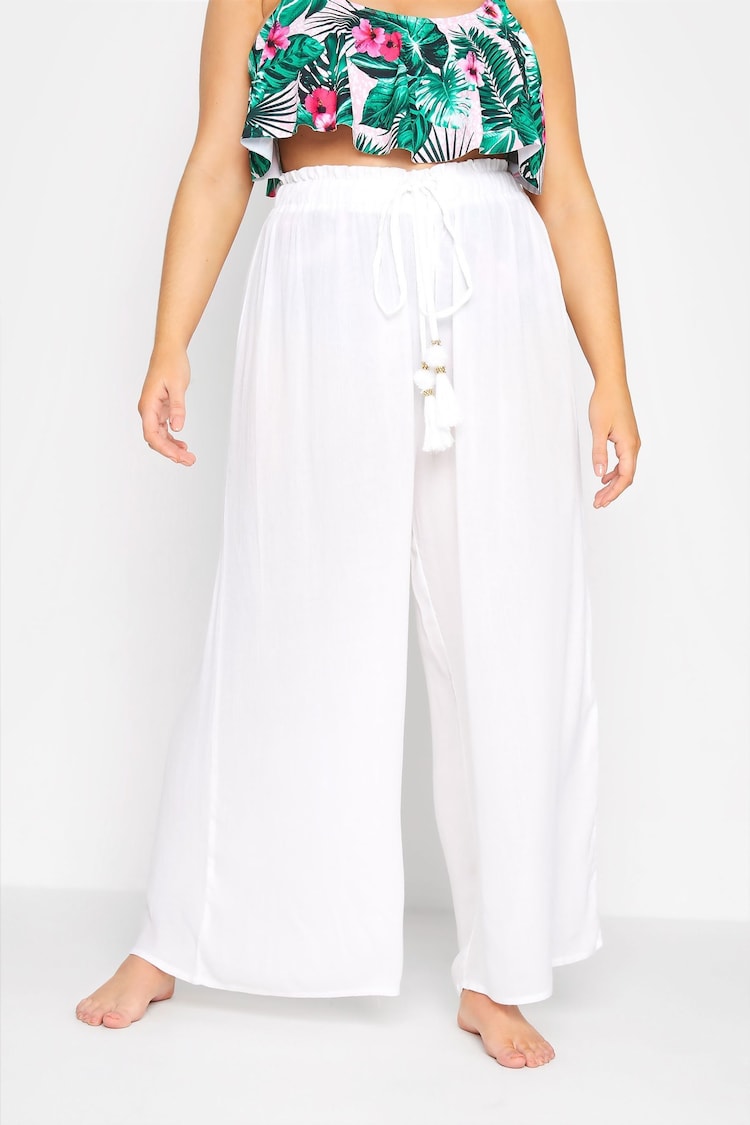 Yours Curve White Tassel Detail Wide Leg Trouser - Image 1 of 4