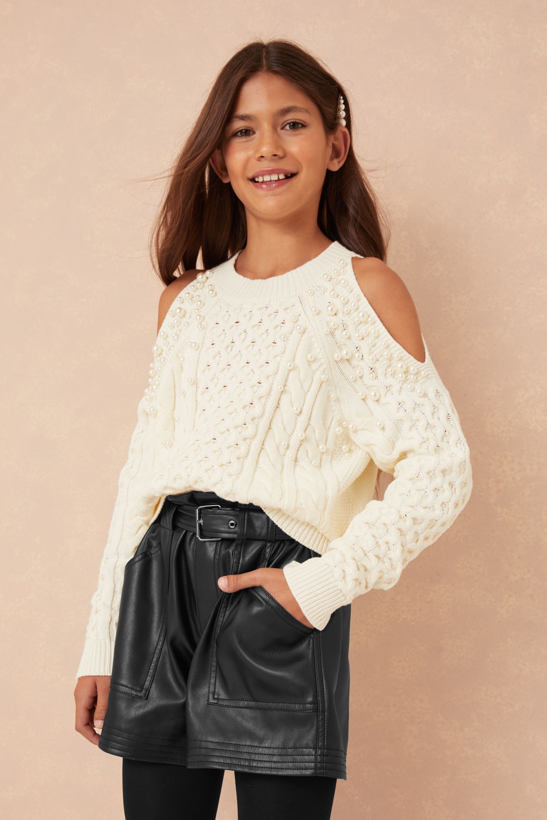 Buy Lipsy Cream Pearl Cable Cold Shoulder Jumper from Next Luxembourg