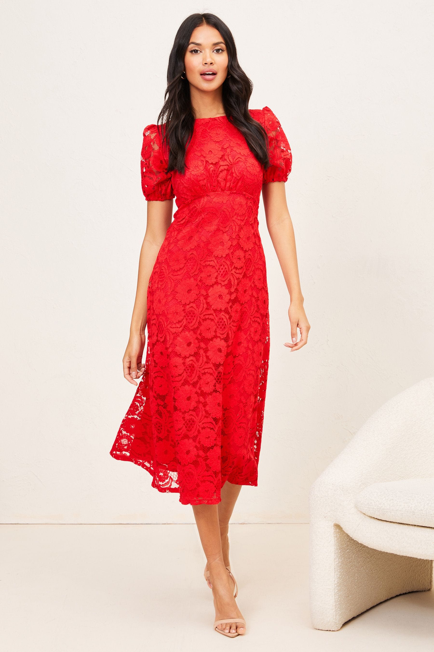 Buy Lipsy Red Lace Underbust Midi Dress from Next Luxembourg