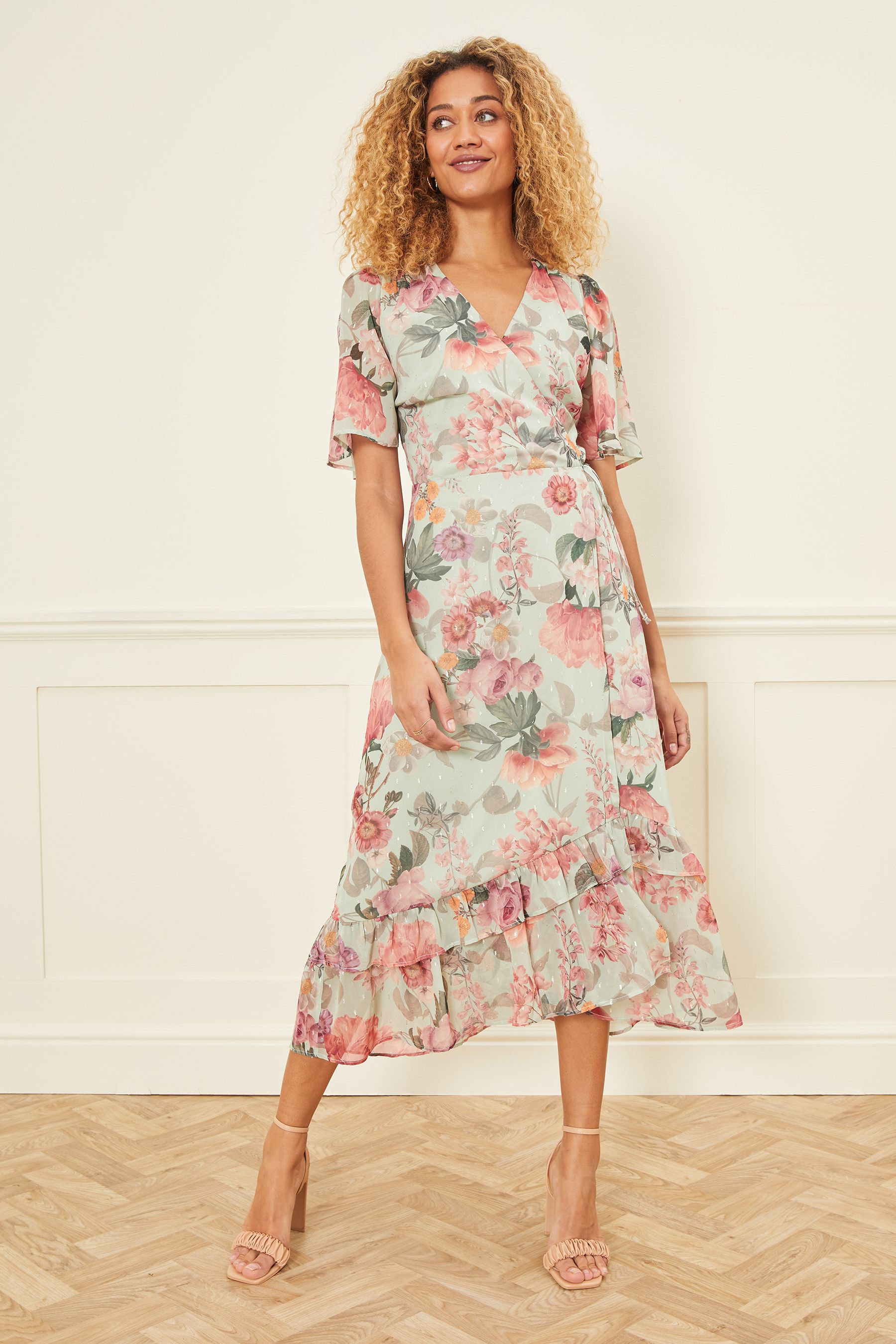 Buy Love Roses Sage Floral Chiffon Wrap Midi Dress from Next Luxembourg