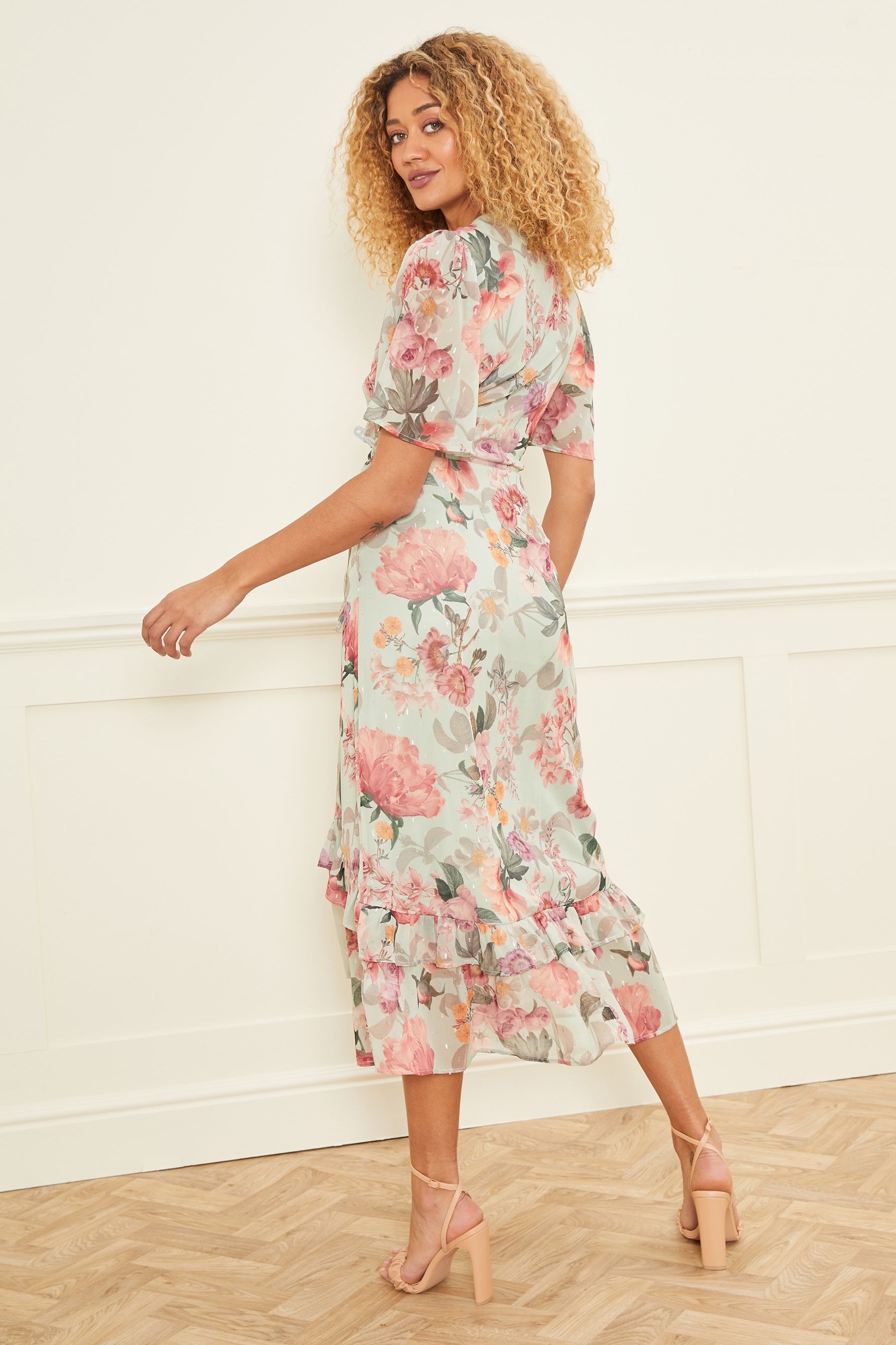 Buy Love Roses Sage Floral Chiffon Wrap Midi Dress from Next Luxembourg