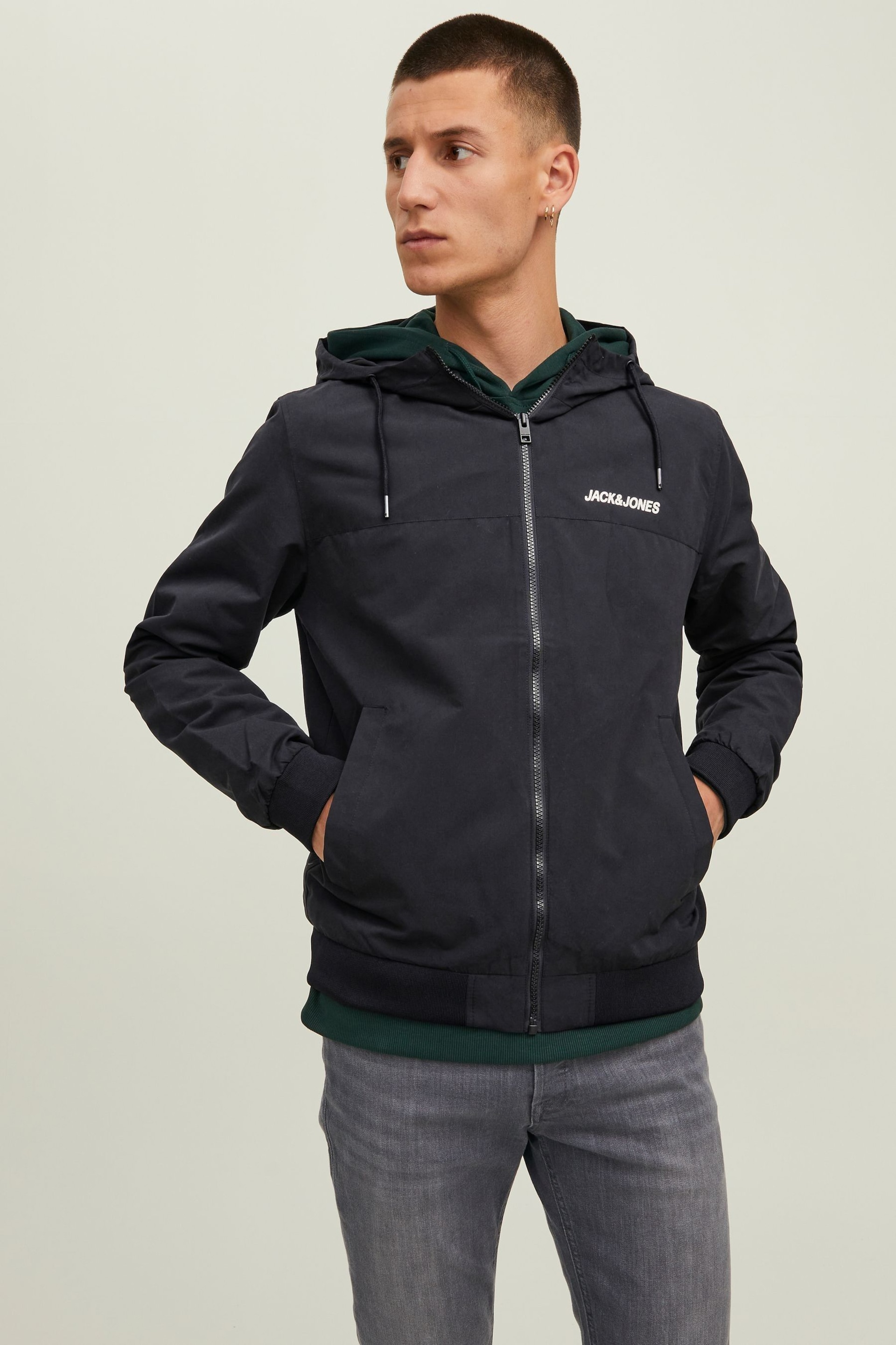 JACK & JONES Black Hooded Bomber Coat - Image 1 of 8