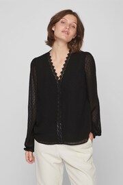 VILA Black V Neck Lace Dobby Blouse - Image 1 of 7