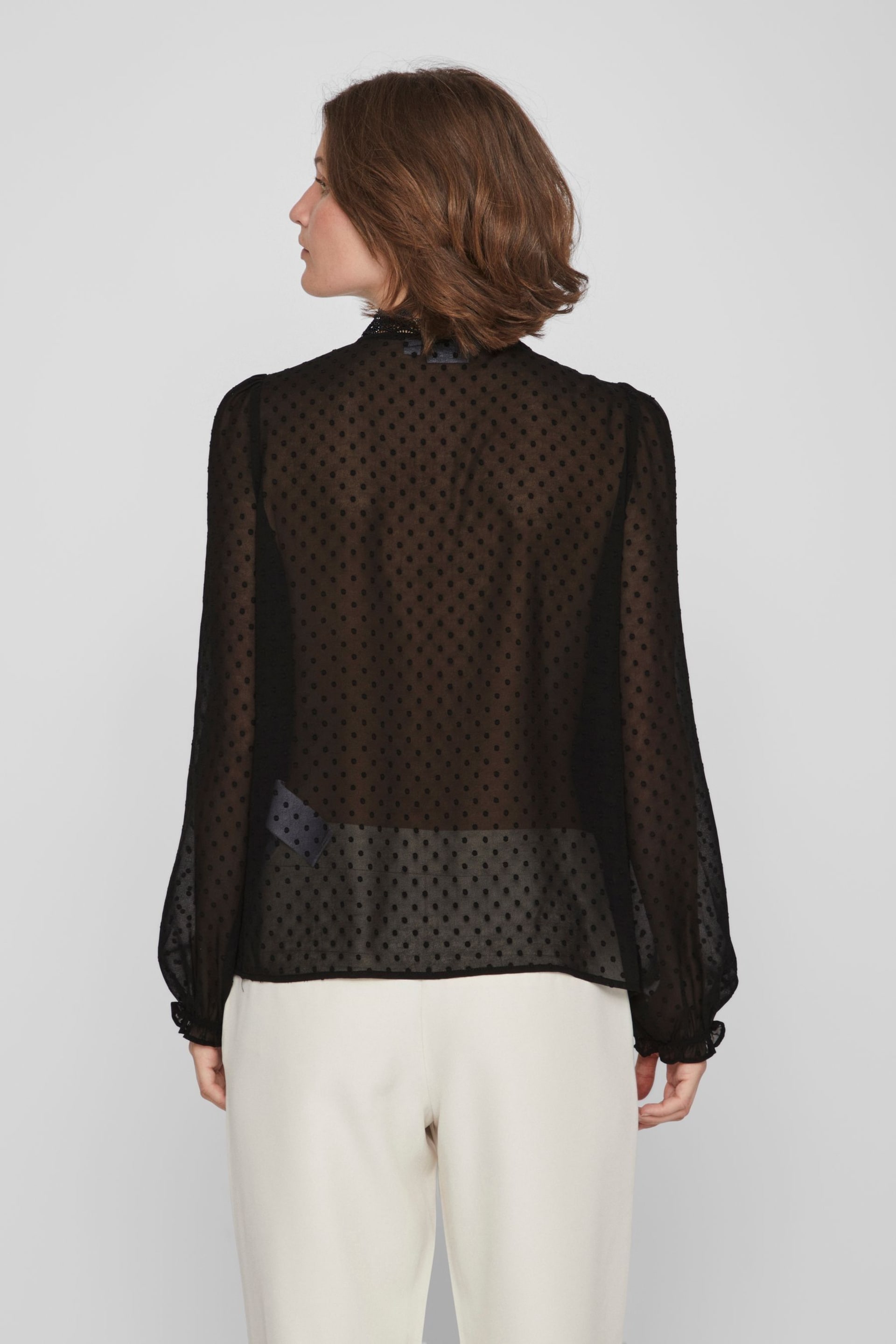 VILA Black V Neck Lace Dobby Blouse - Image 2 of 7