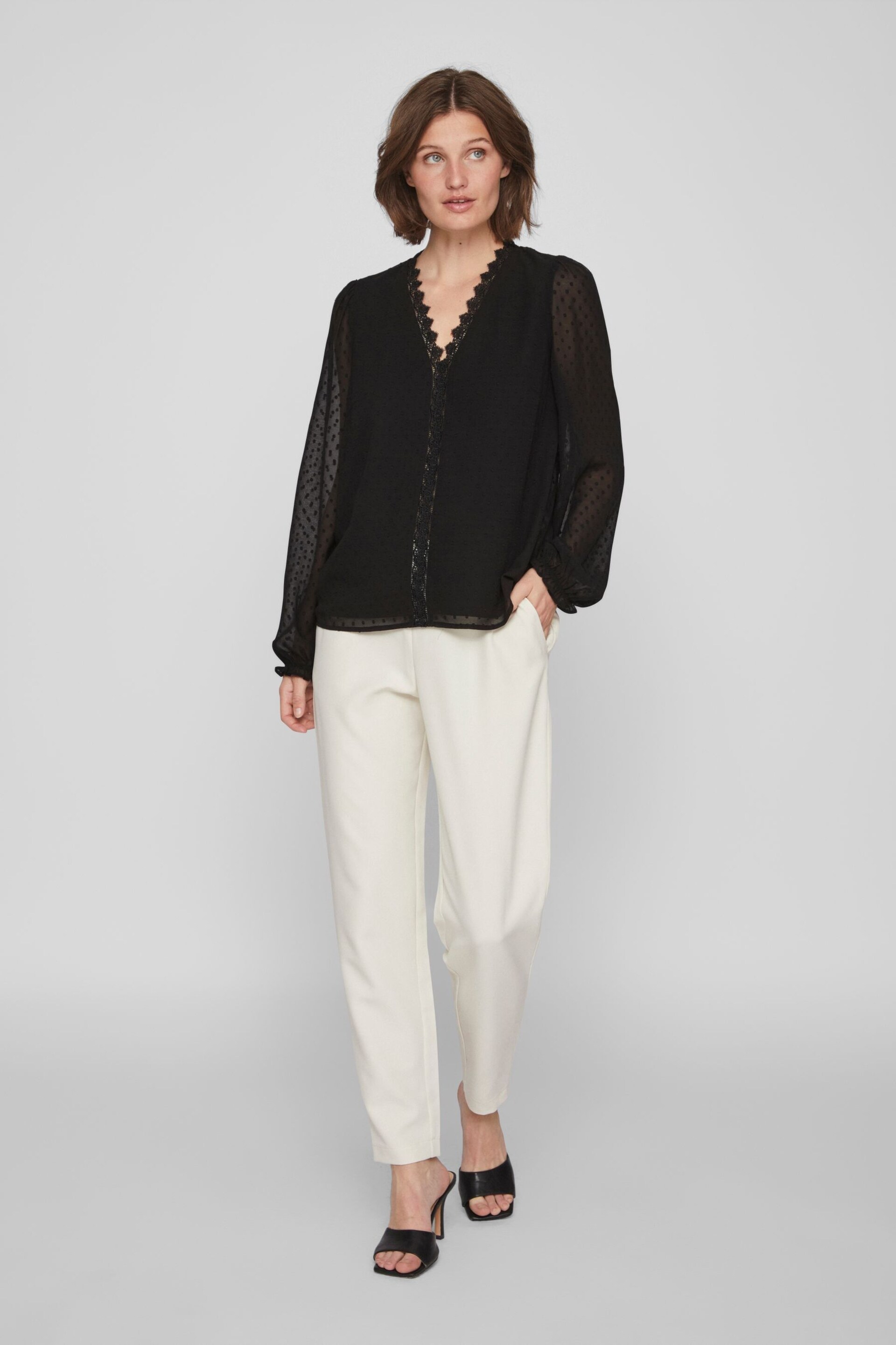 VILA Black V Neck Lace Dobby Blouse - Image 3 of 7