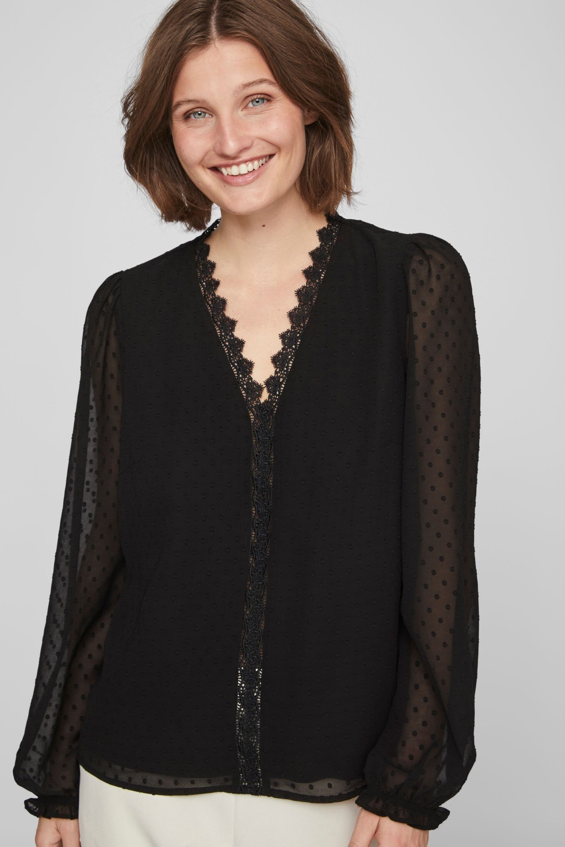 VILA Black V Neck Lace Dobby Blouse - Image 5 of 7