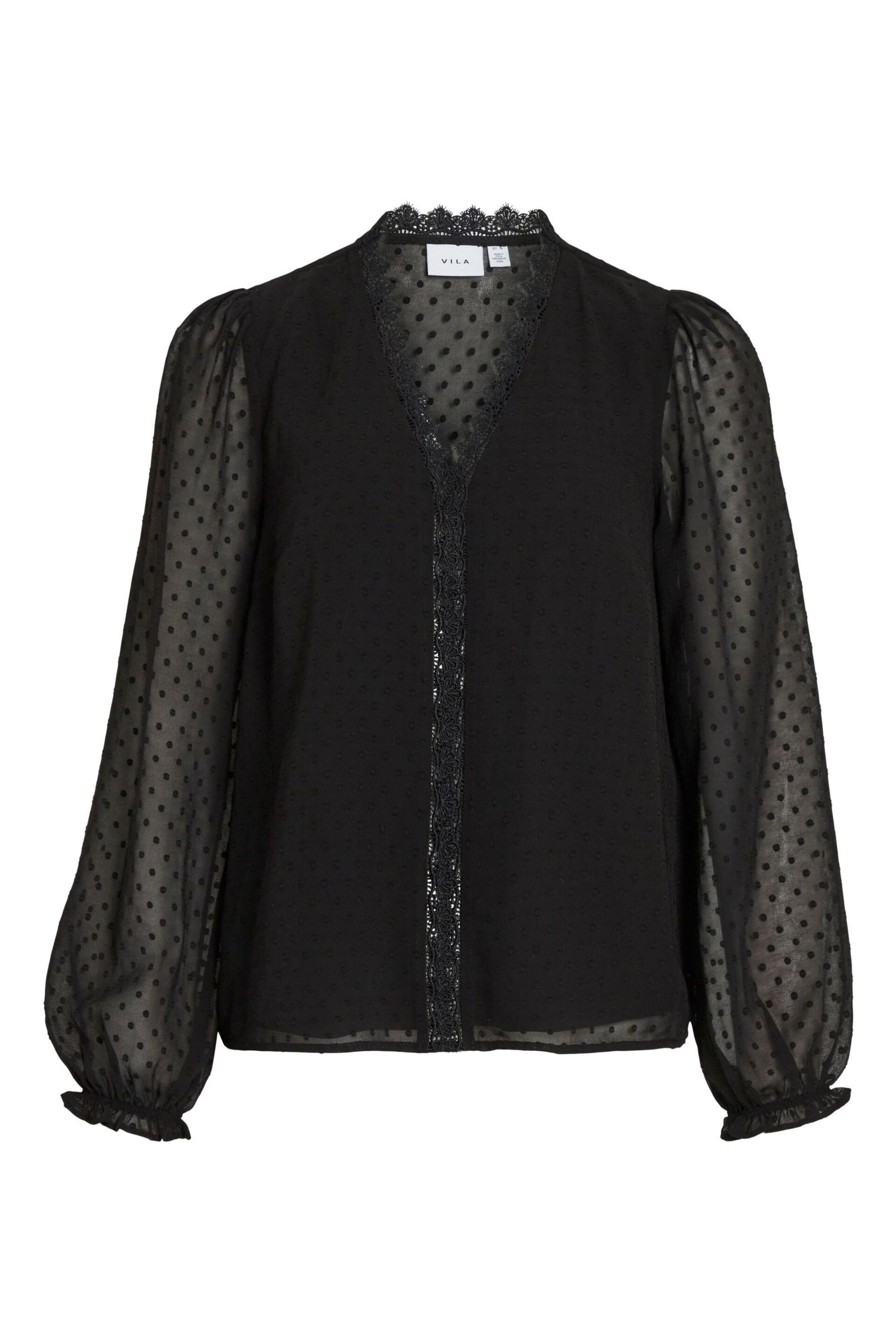 VILA Black V Neck Lace Dobby Blouse - Image 6 of 7