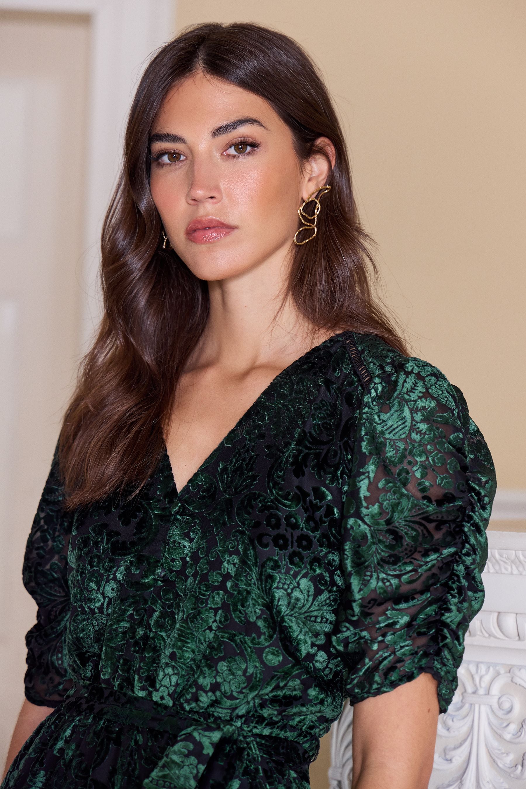 Buy Love Roses Green Devore Velvet Puff Sleeve V Neck Midi Dress from Next Luxembourg