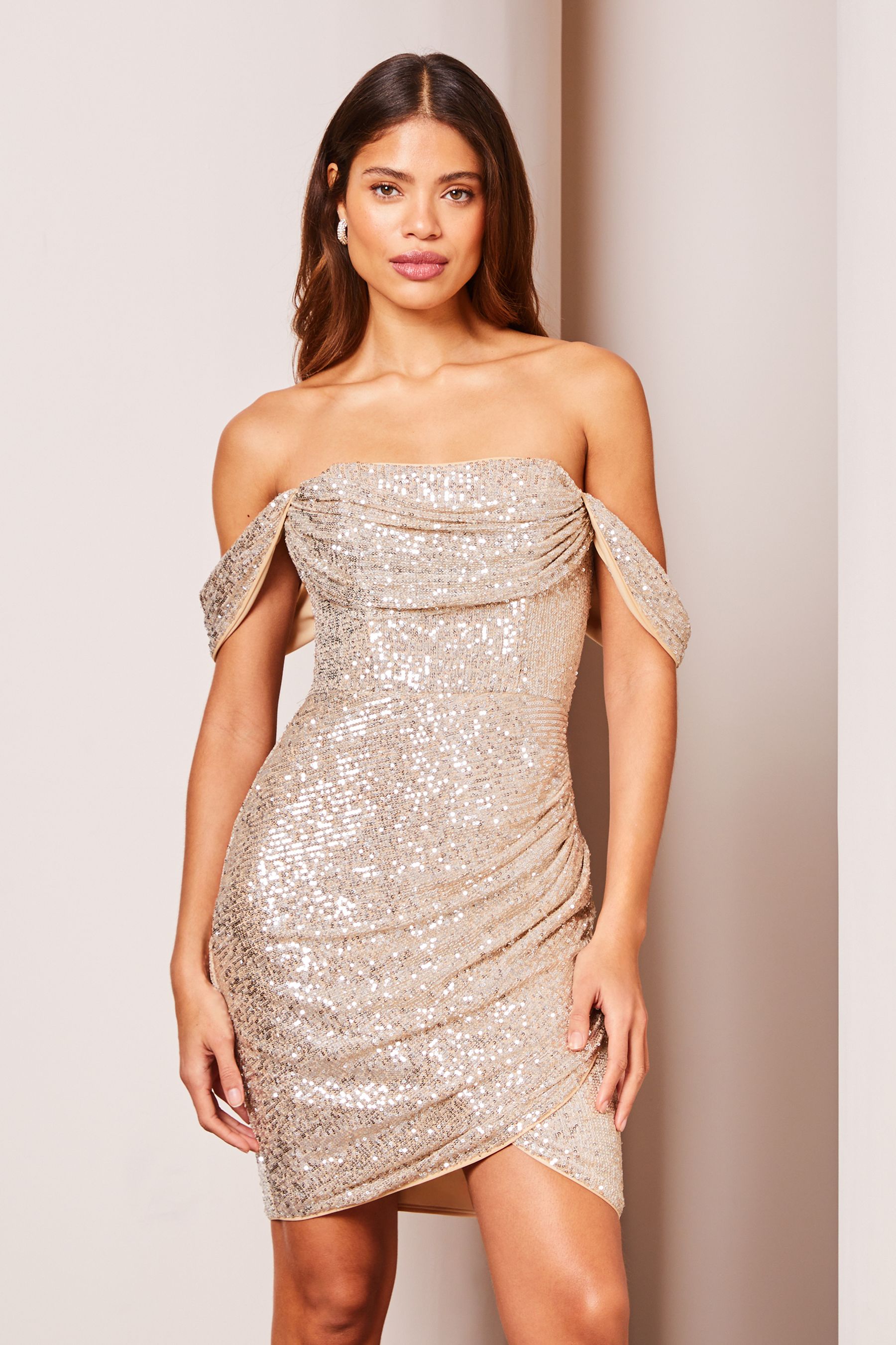 Buy Lipsy Champagne Sequin Bardot Split Wrap Mini Dress from Next Luxembourg